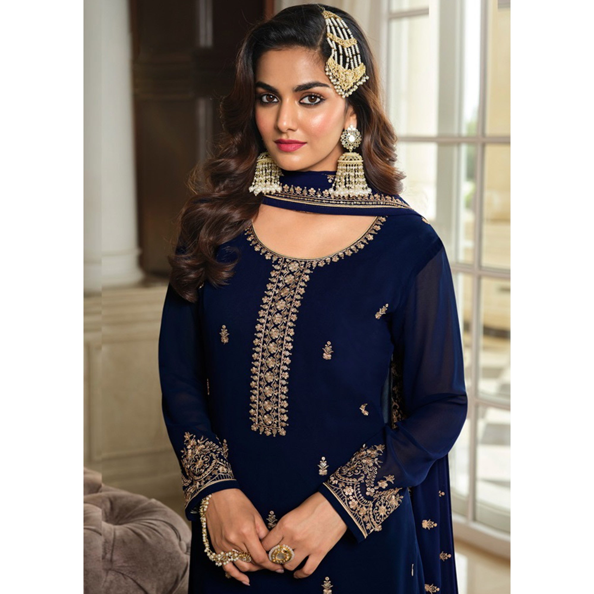 Navy Blue Floral Sequins Embroidered Georgette Semi Stitched Dress Material