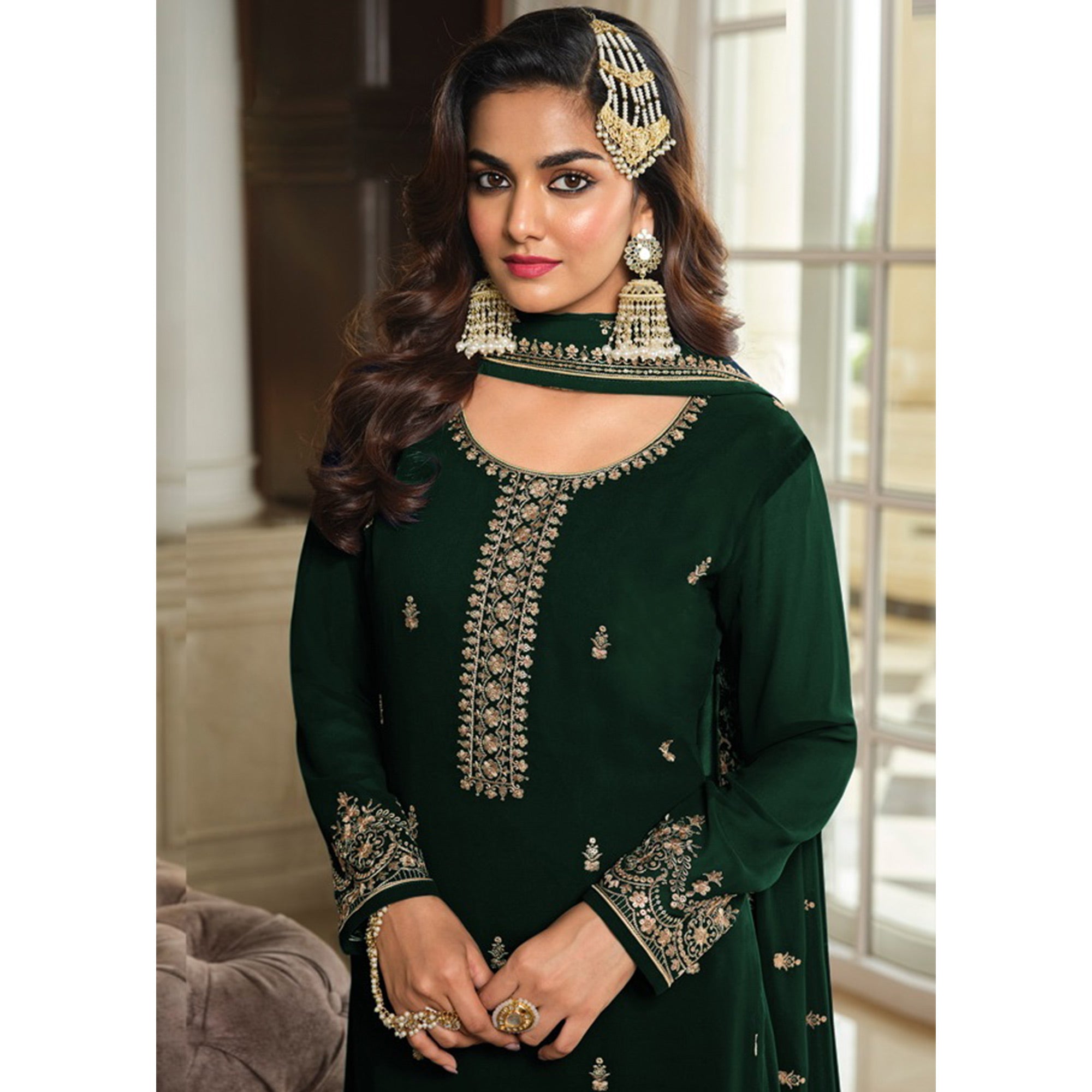 Green Floral Sequins Embroidered Georgette Semi Stitched Dress Material