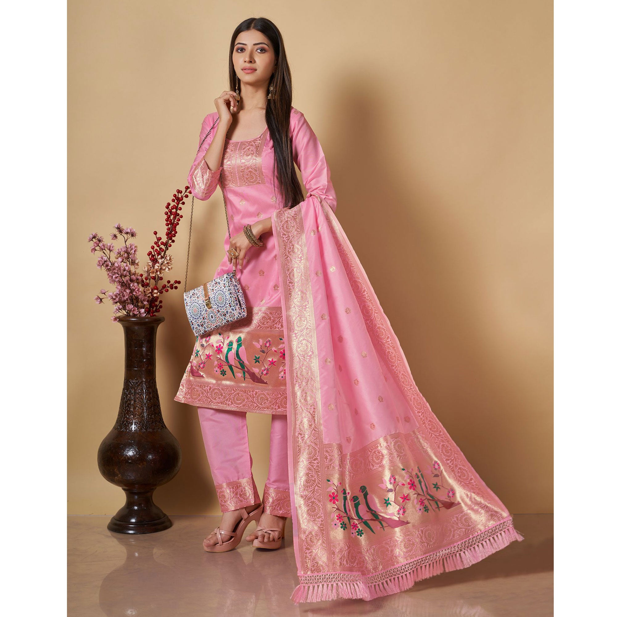 Baby Pink Floral Woven Banarasi Silk Paithani Dress Material