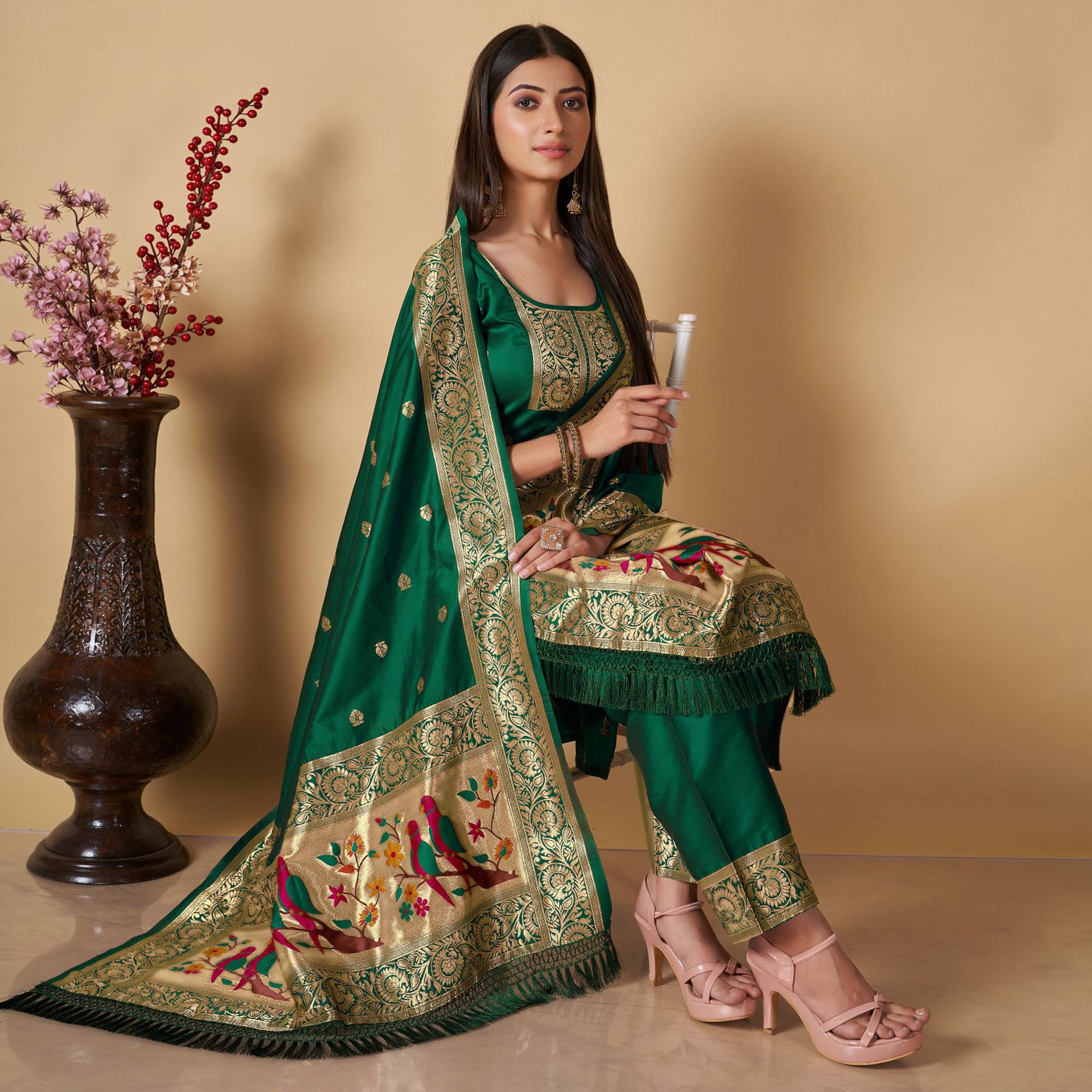 Green Floral Woven Banarasi Silk Paithani Dress Material