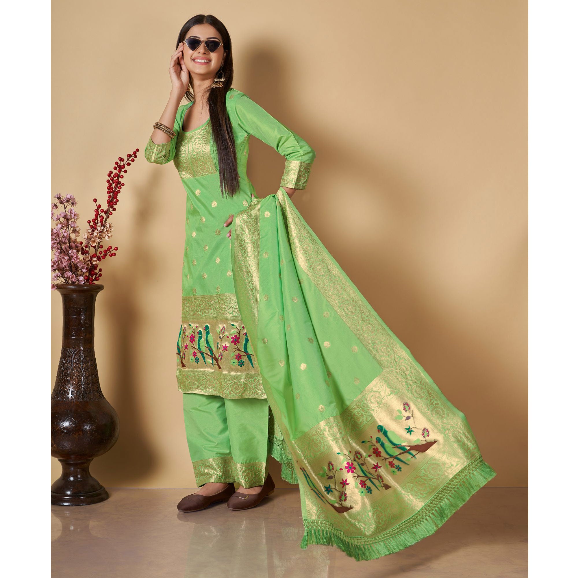 Pista Green Floral Woven Banarasi Silk Paithani Dress Material