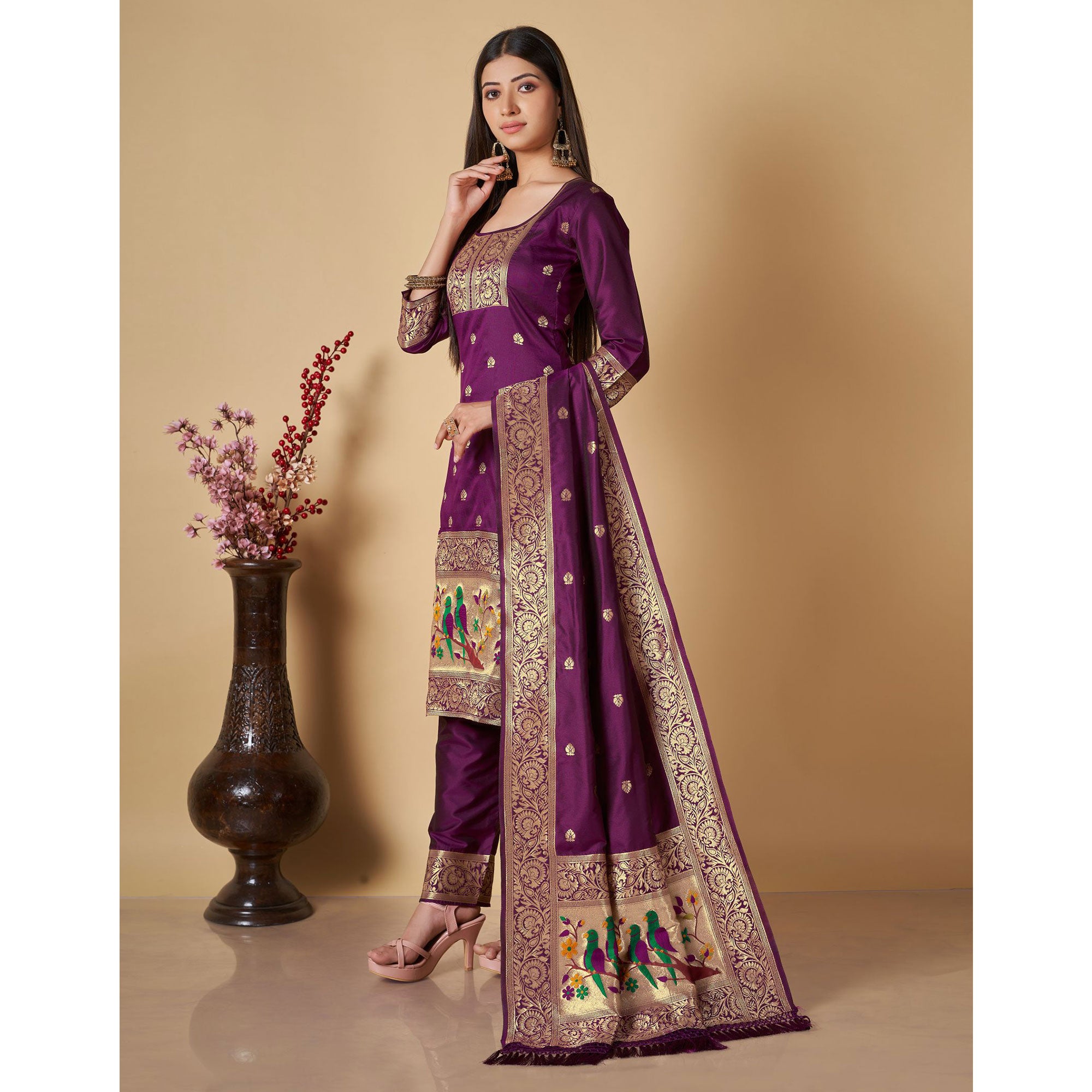 Purple Floral Woven Banarasi Silk Paithani Dress Material