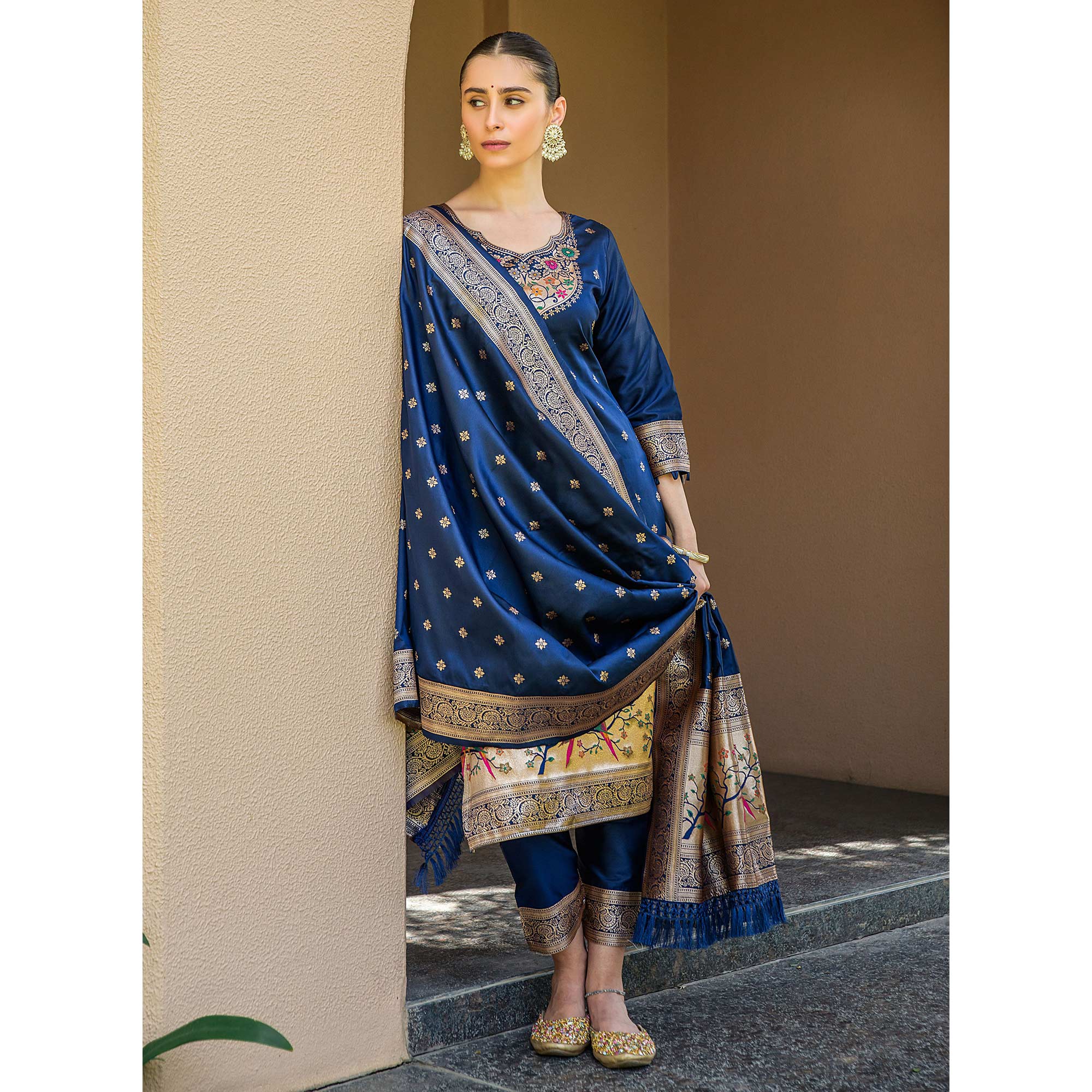 Navy Blue Floral Woven Banarasi Silk Paithani Dress Material