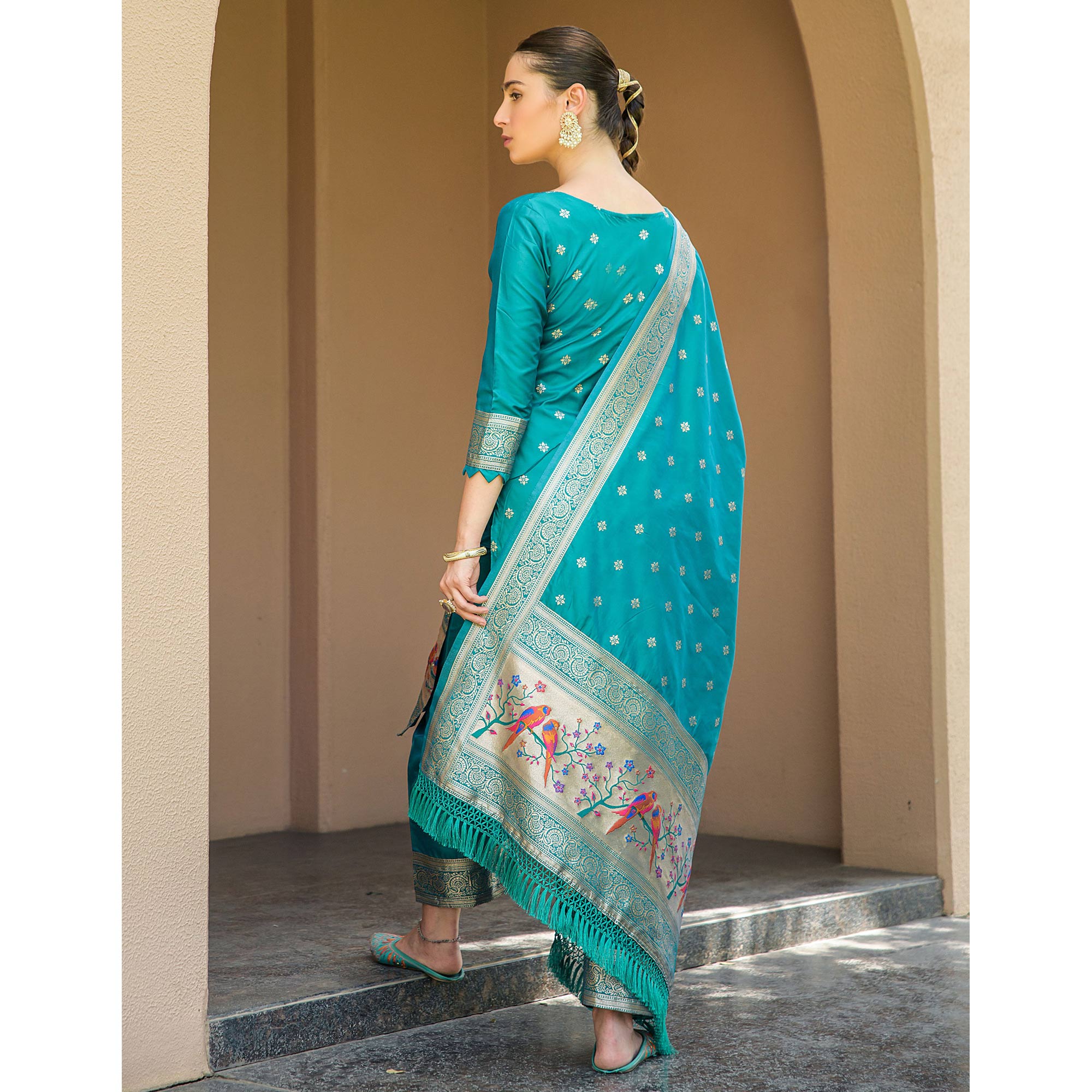Rama Blue Floral Woven Banarasi Silk Paithani Dress Material