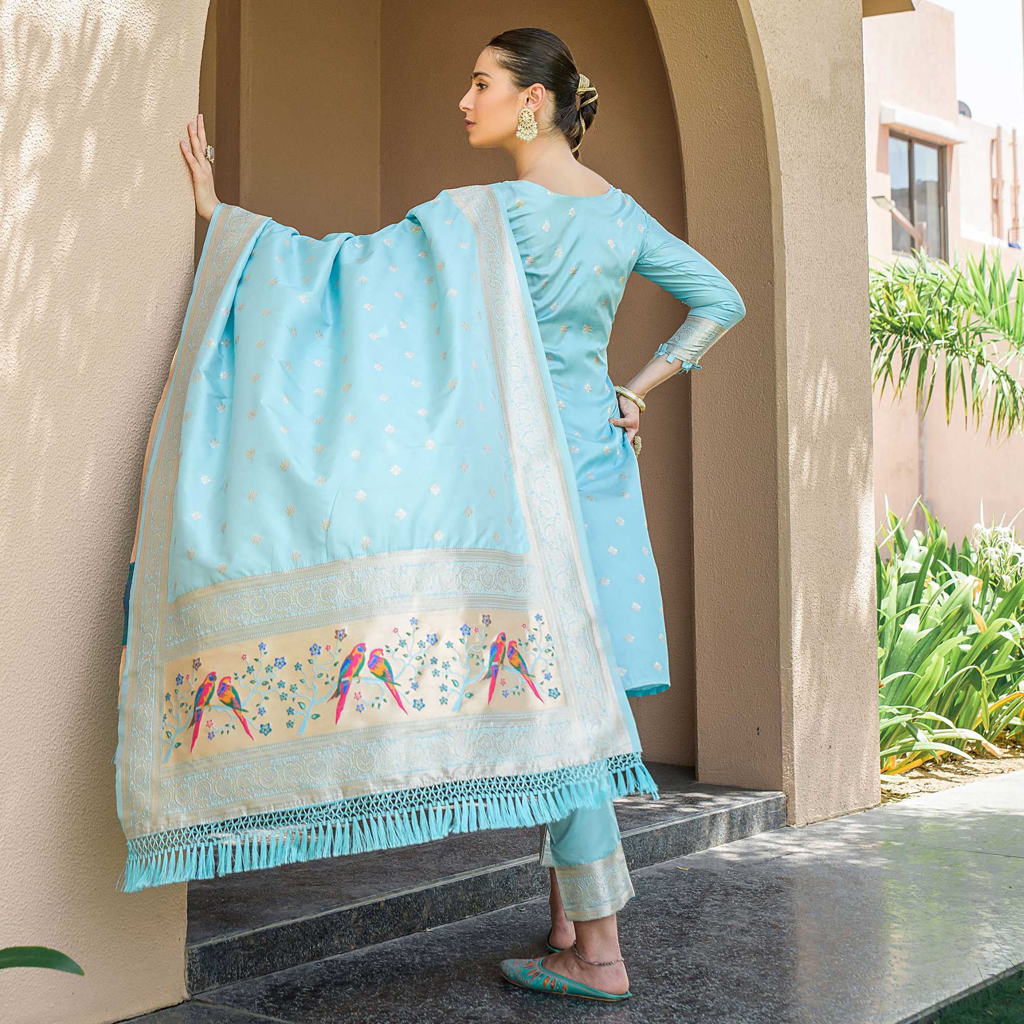 Sky Blue Floral Woven Banarasi Silk Paithani Dress Material