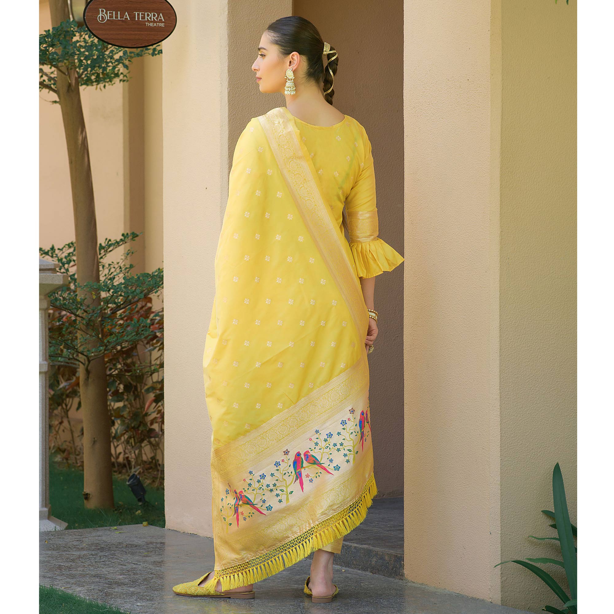 Yellow Floral Woven Banarasi Silk Paithani Dress Material