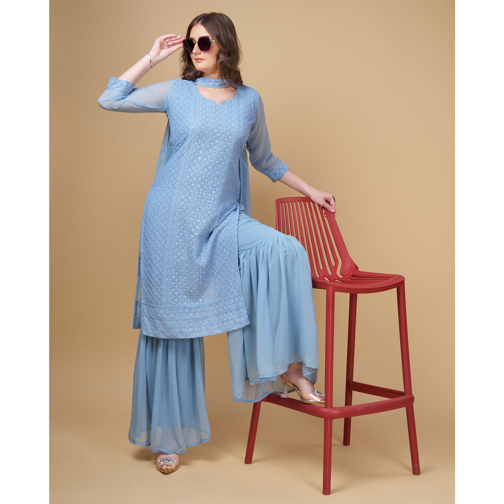 Sky Blue Embroidered Georgette Kurti Sharara Suit