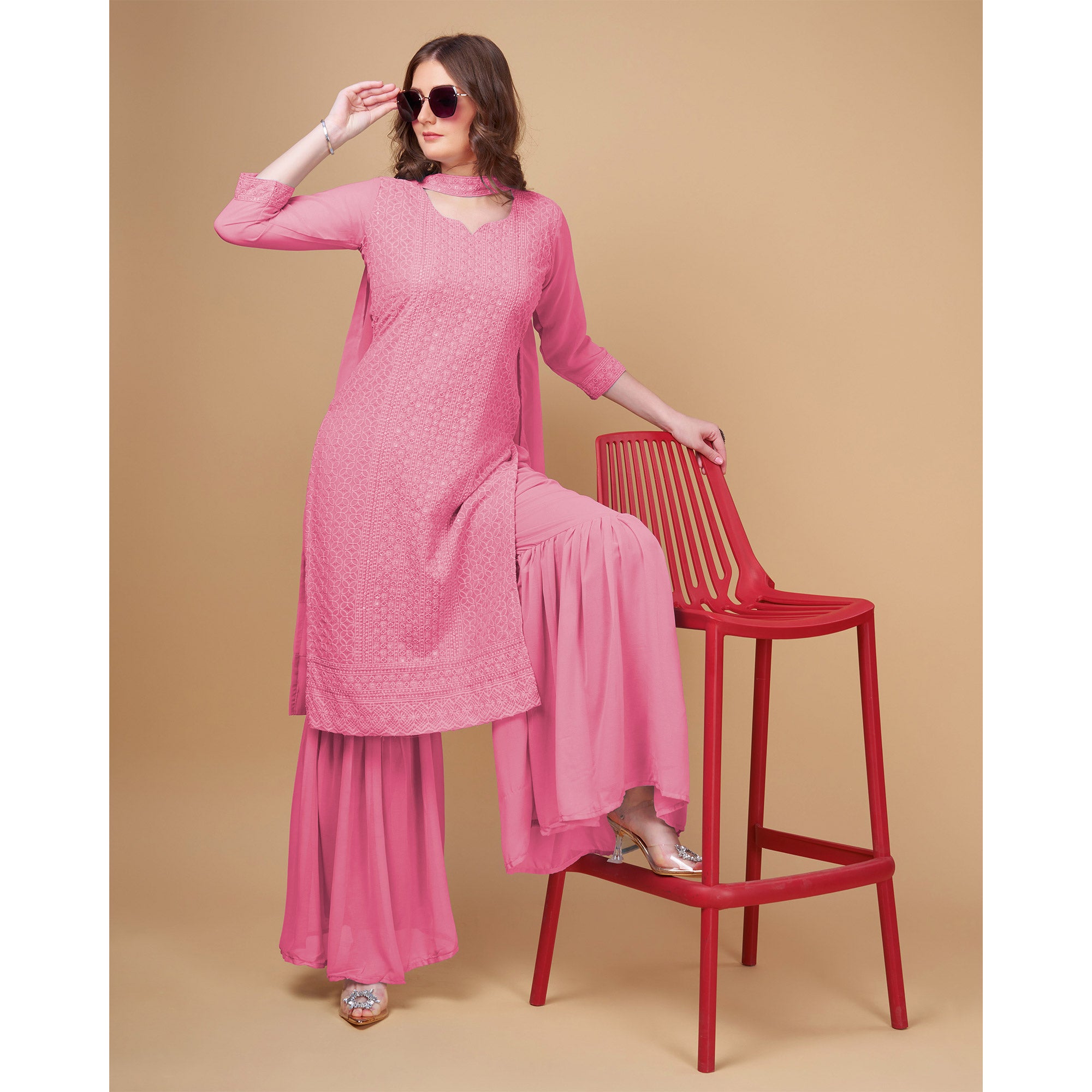 Pink Embroidered Georgette Kurti Sharara Suit
