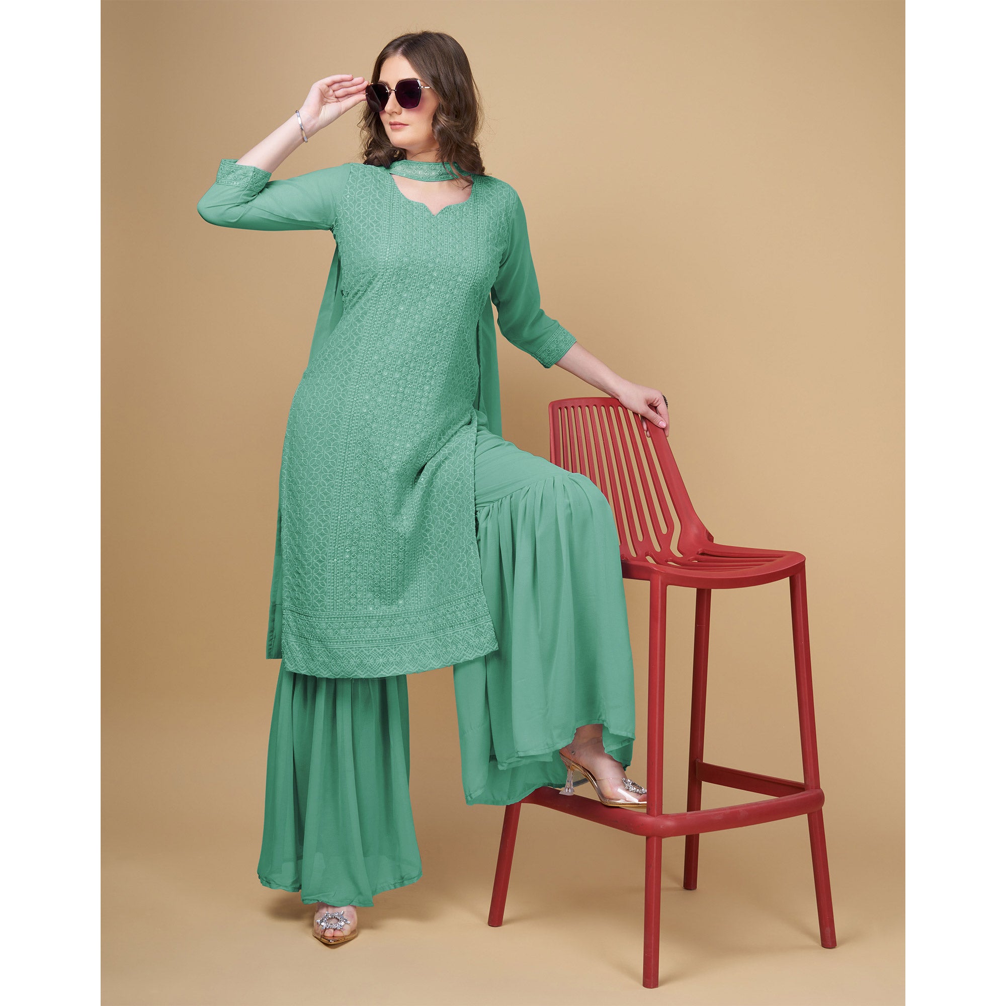 Green Embroidered Georgette Kurti Sharara Suit