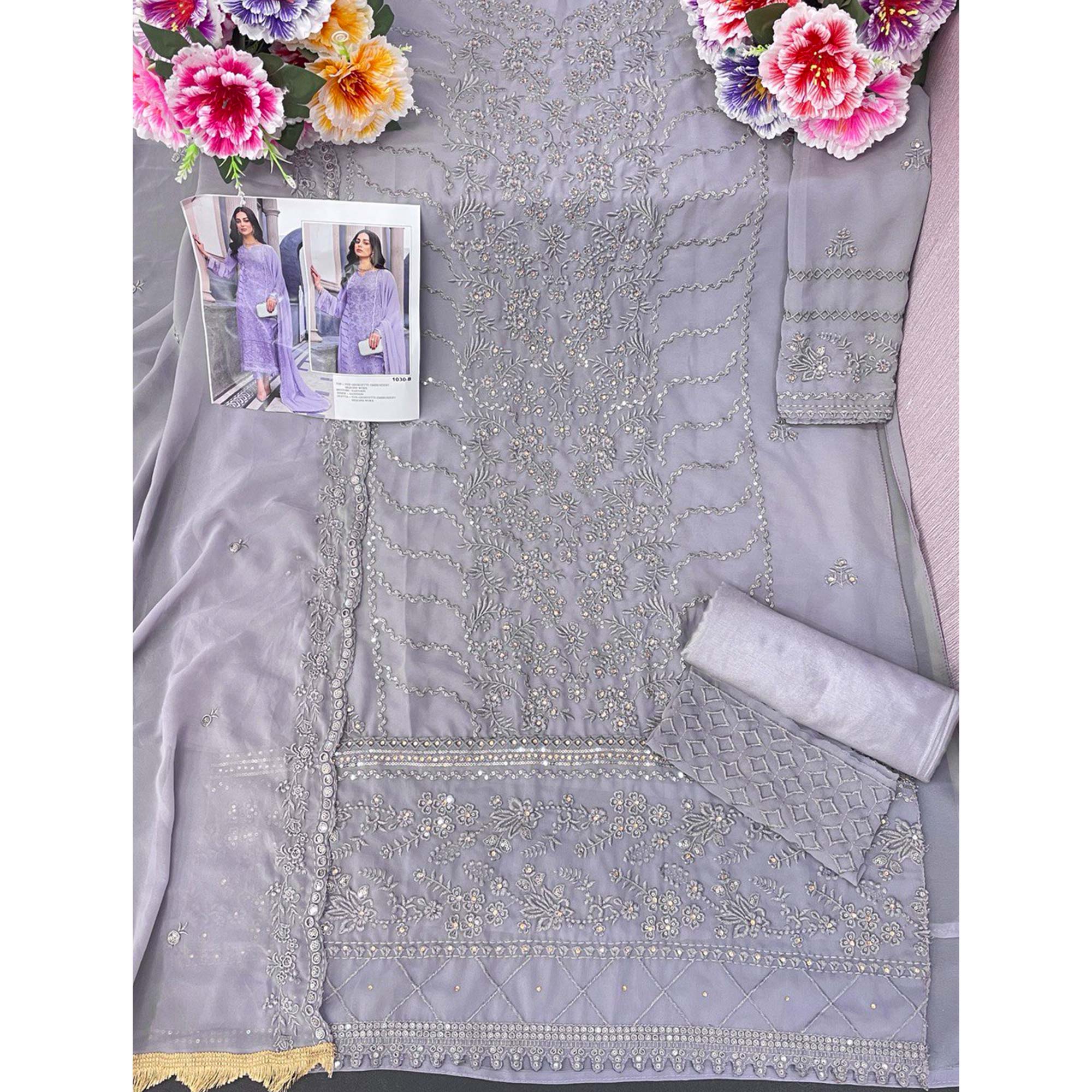 Violet Floral Embroidered Georgette Semi Stitched Suit