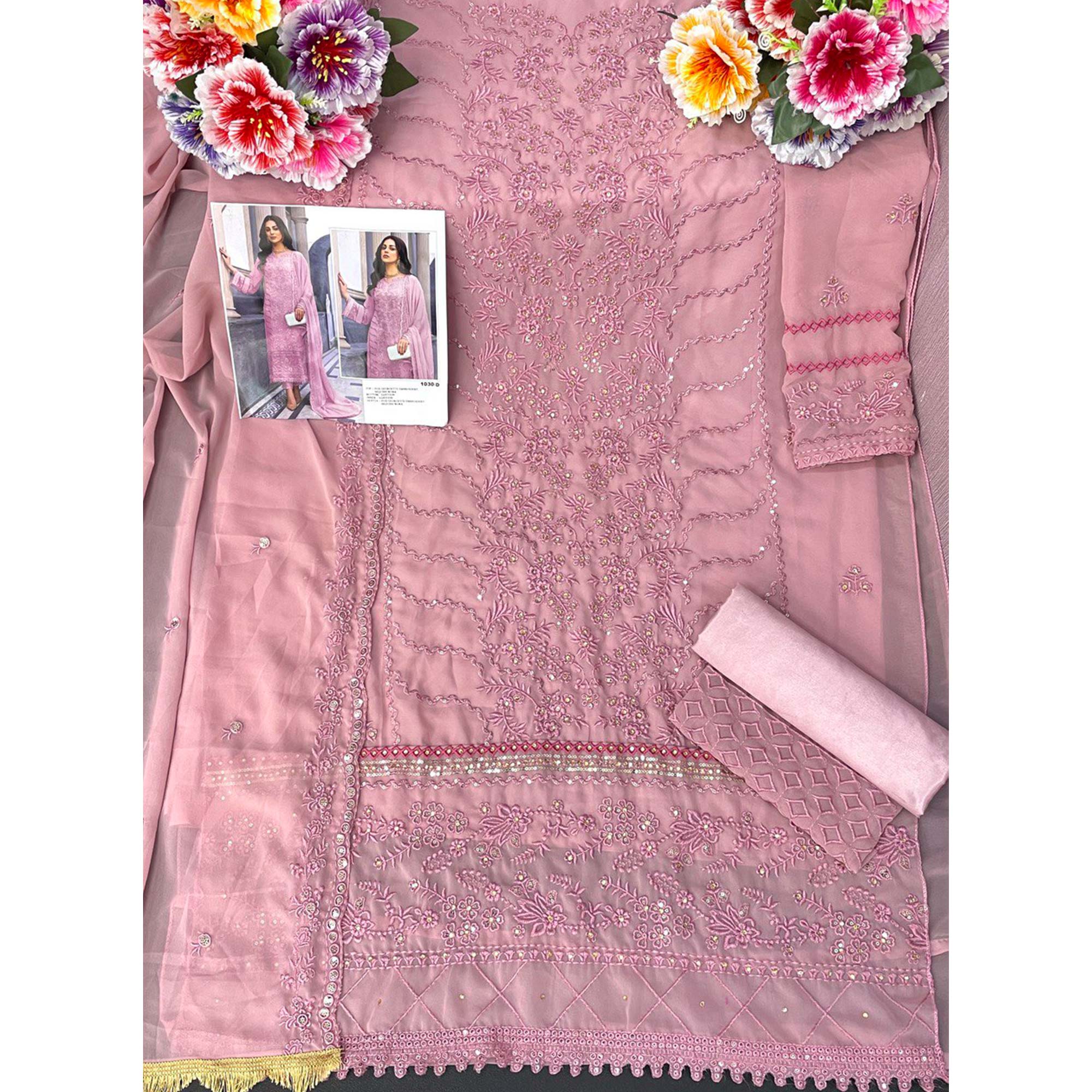 Pink Floral Embroidered Georgette Semi Stitched Suit
