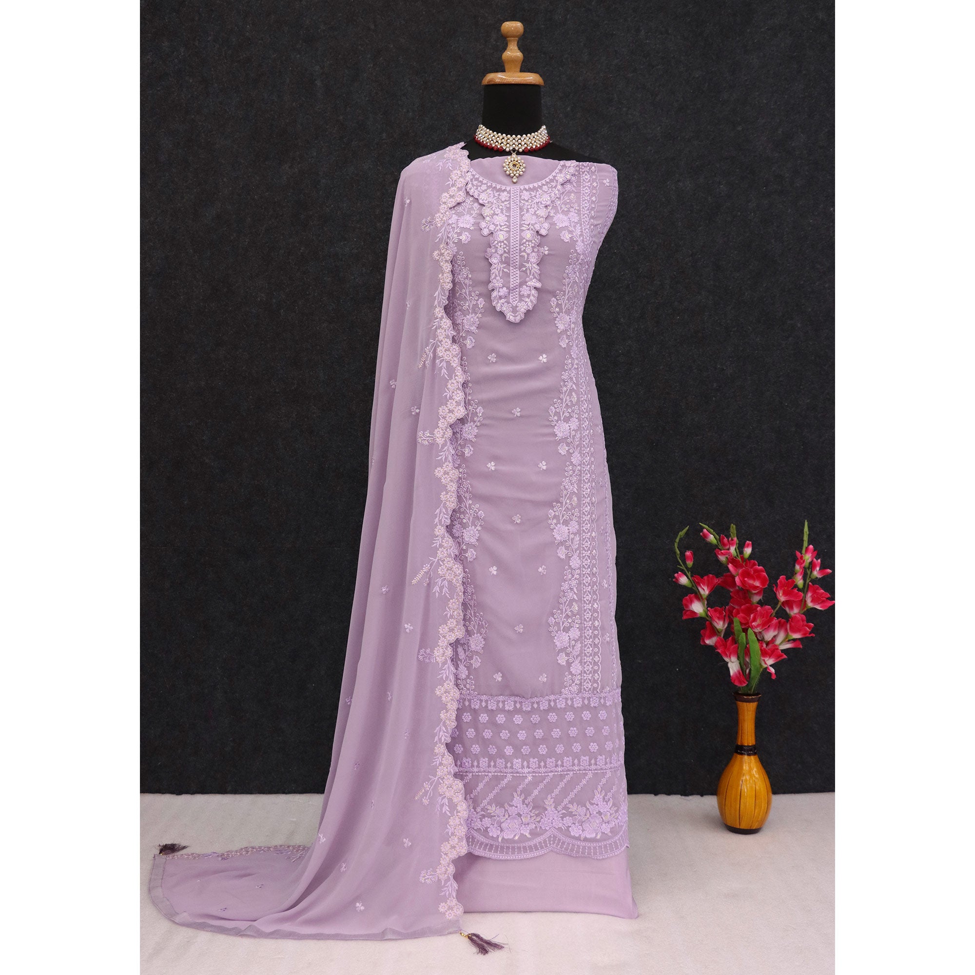 Lavender Floral Sequins Embroidered Georgette Semi Stitched Pakistani Suit