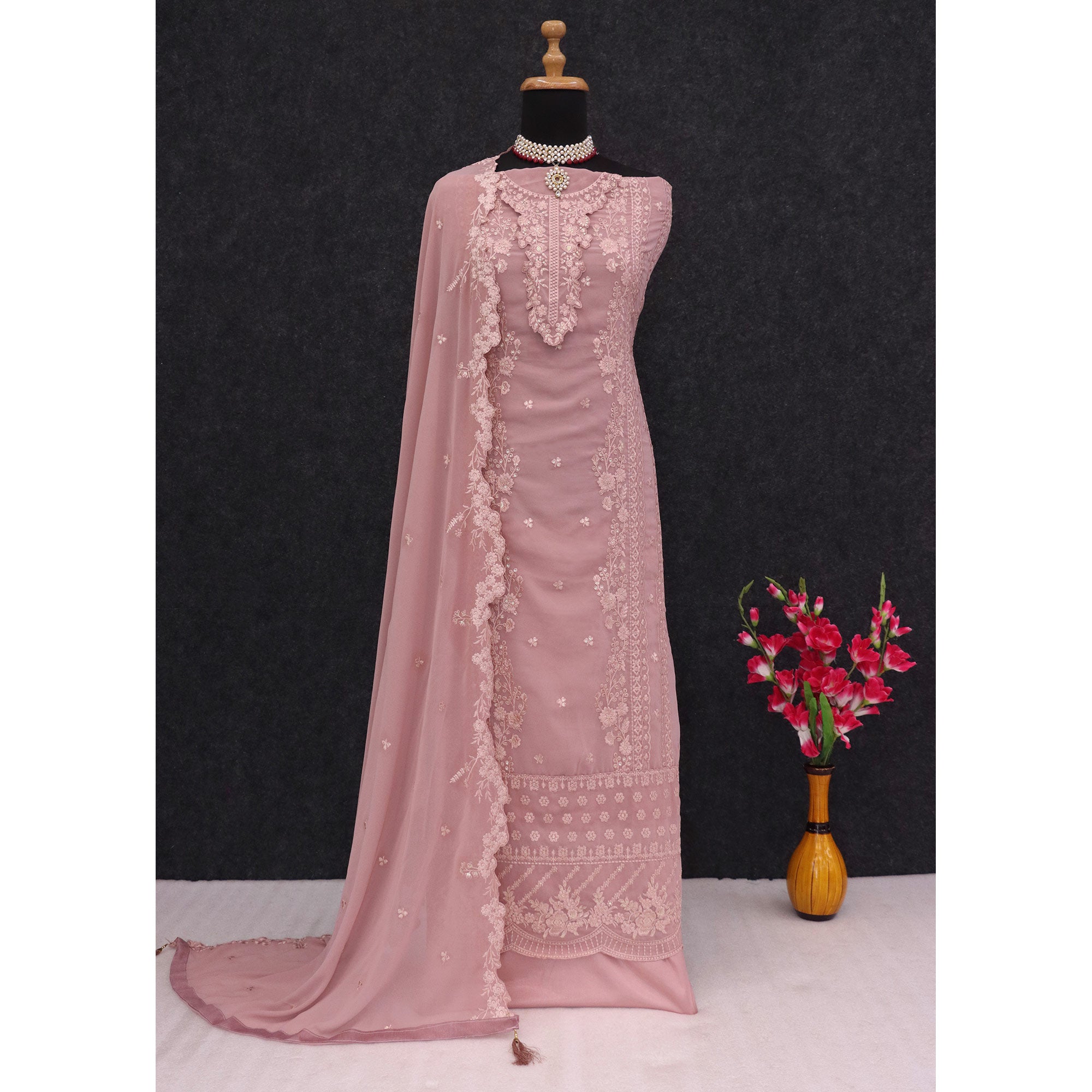 Mauve Floral Sequins Embroidered Georgette Semi Stitched Pakistani Suit