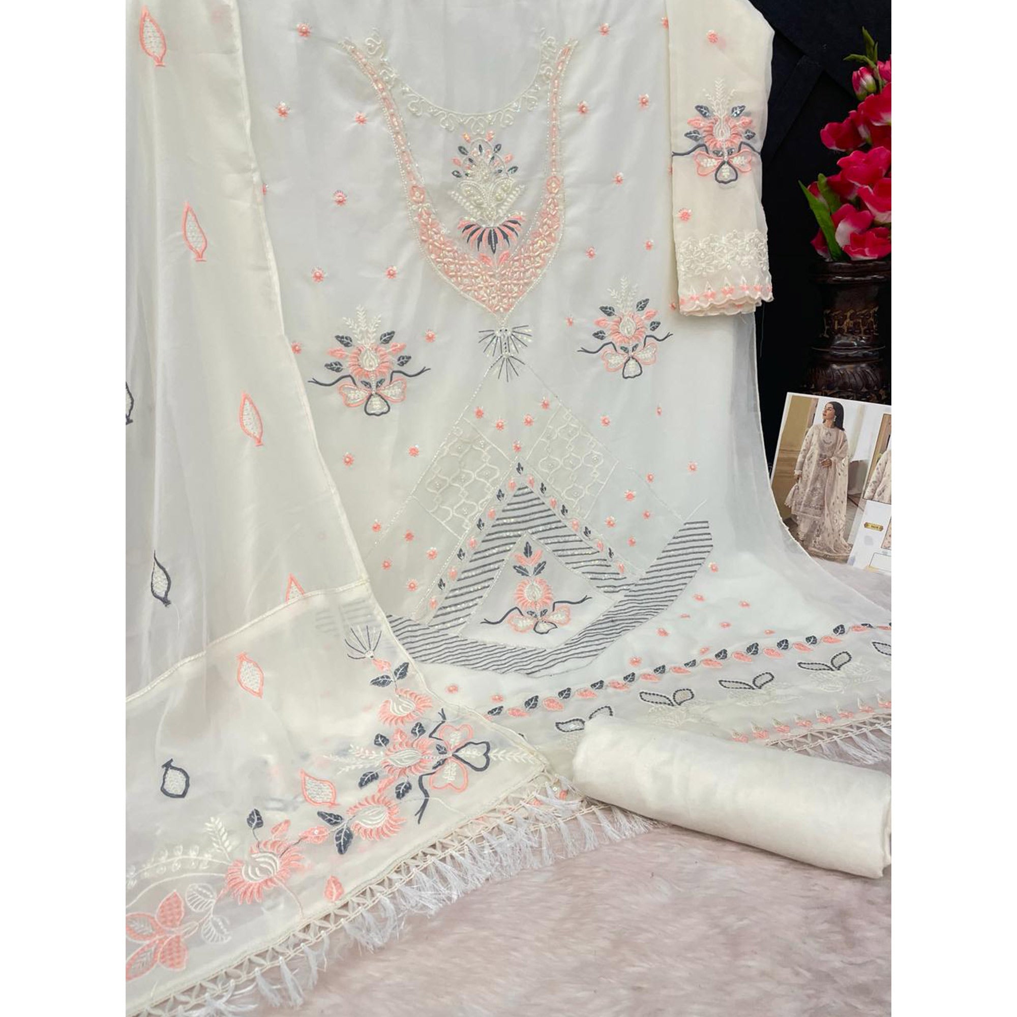 Cream Floral Embroidered Georgette Semi Stitched Pakistani Suit
