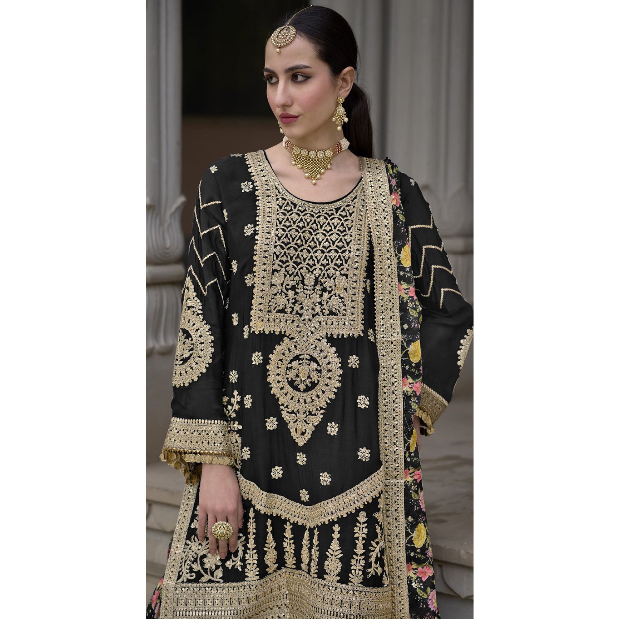 Black Floral Sequins Embroidered Chinon Salwar Suit