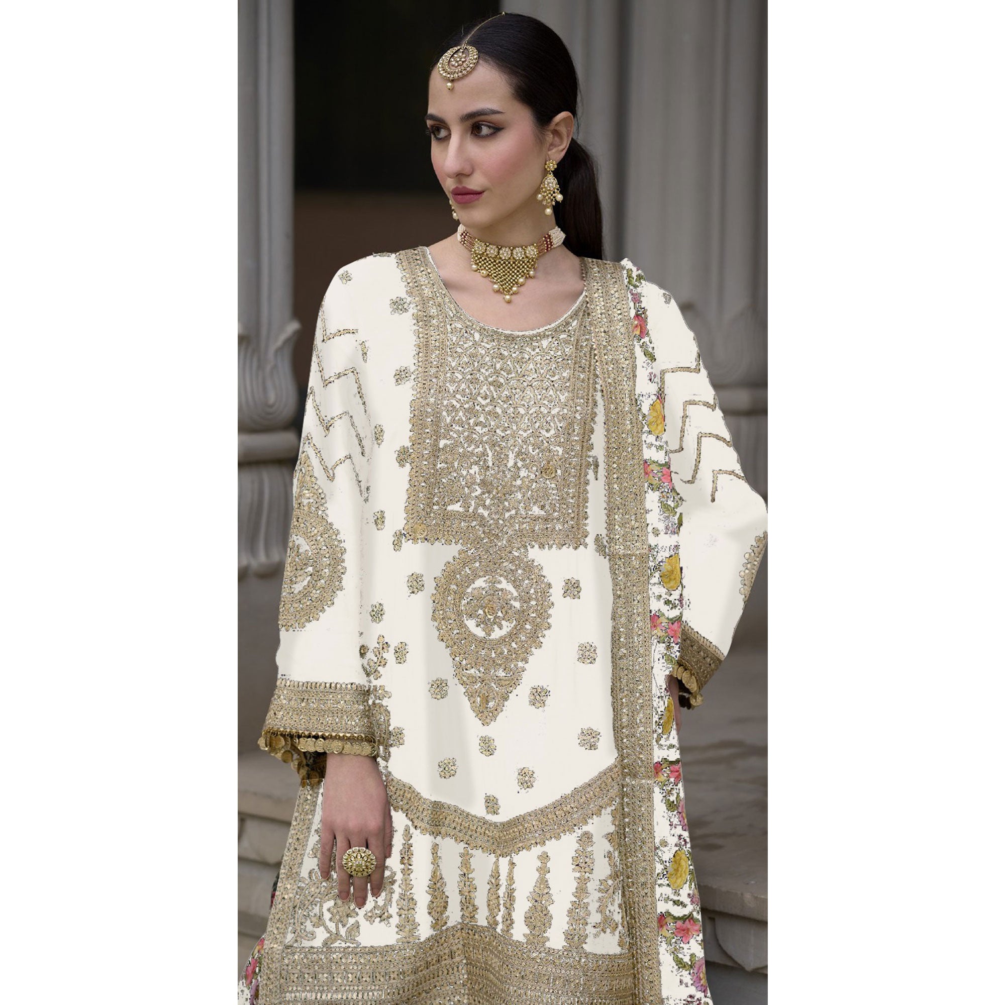 White Floral Sequins Embroidered Chinon Salwar Suit