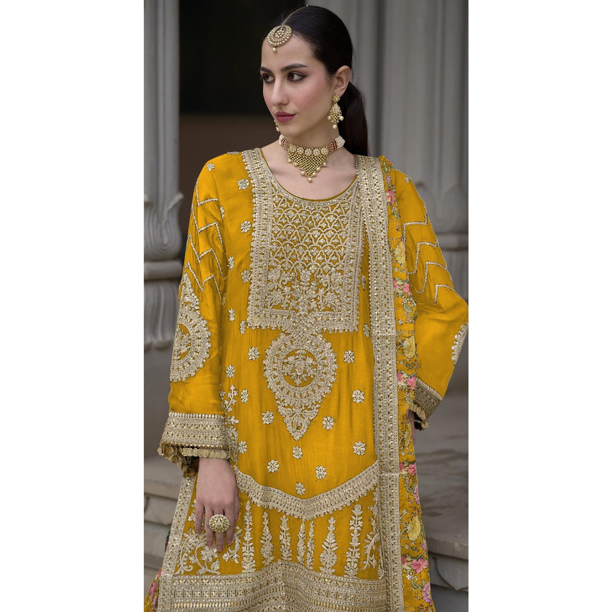 Yellow Floral Sequins Embroidered Chinon Salwar Suit