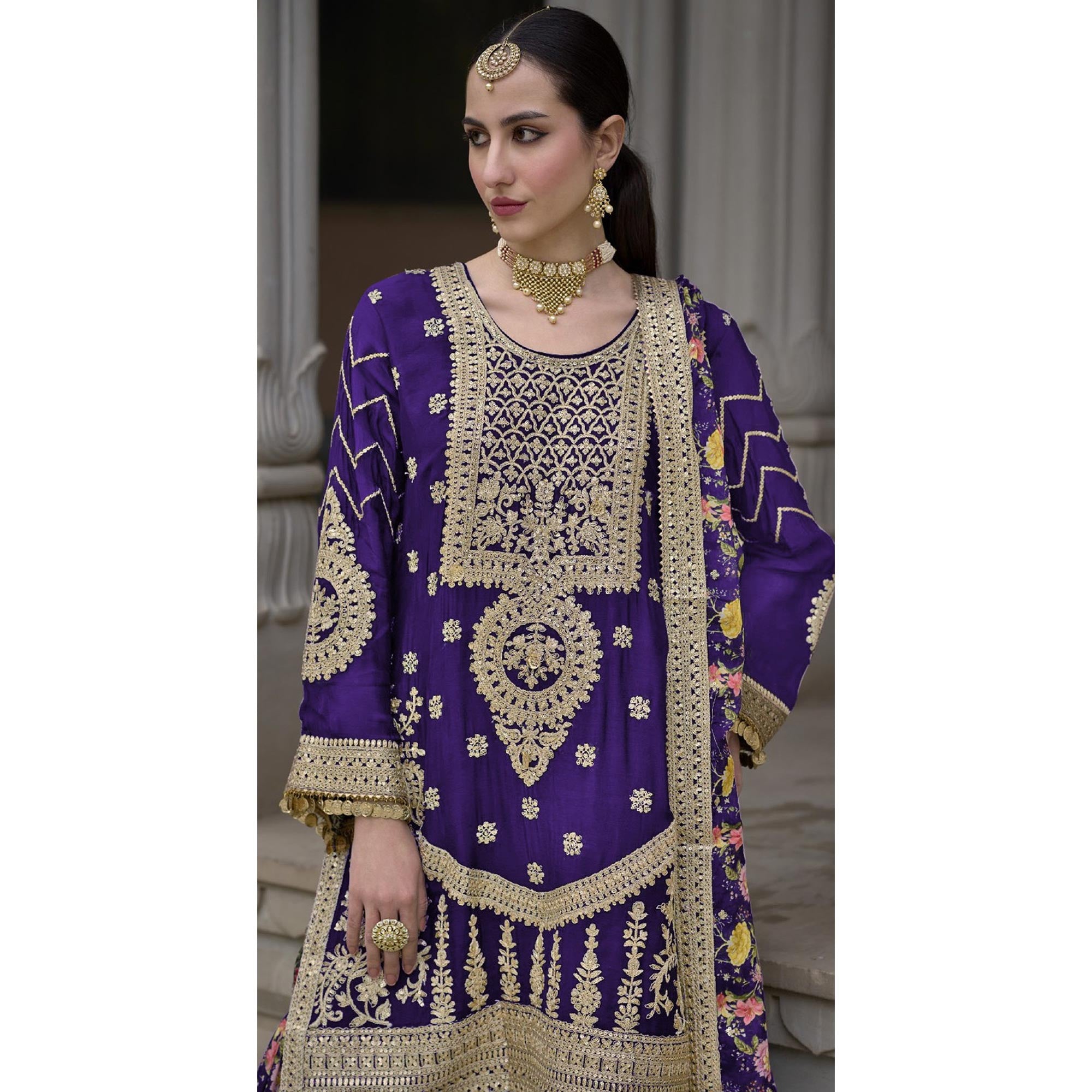 Purple Floral Sequins Embroidered Chinon Salwar Suit