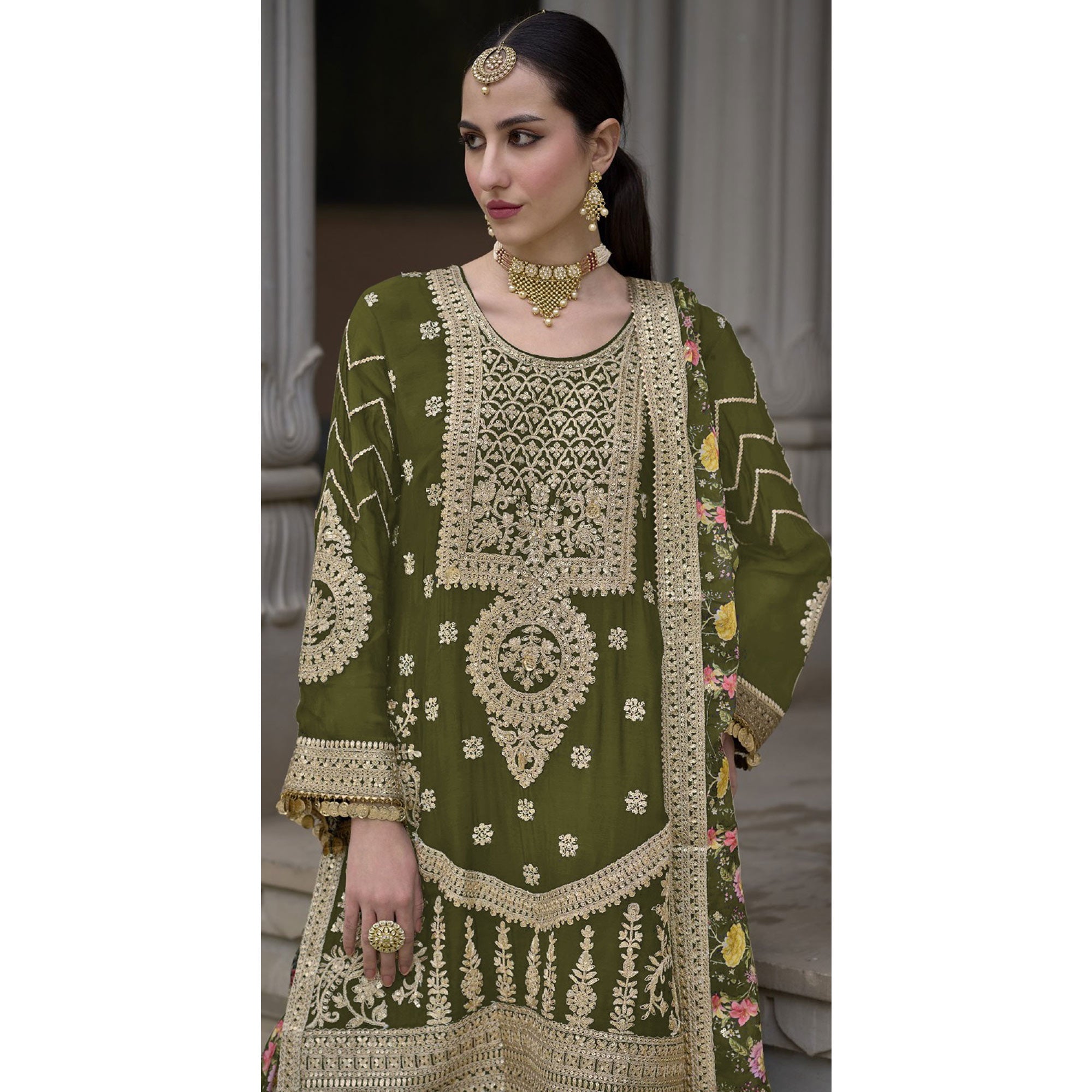 Green Floral Sequins Embroidered Chinon Salwar Suit