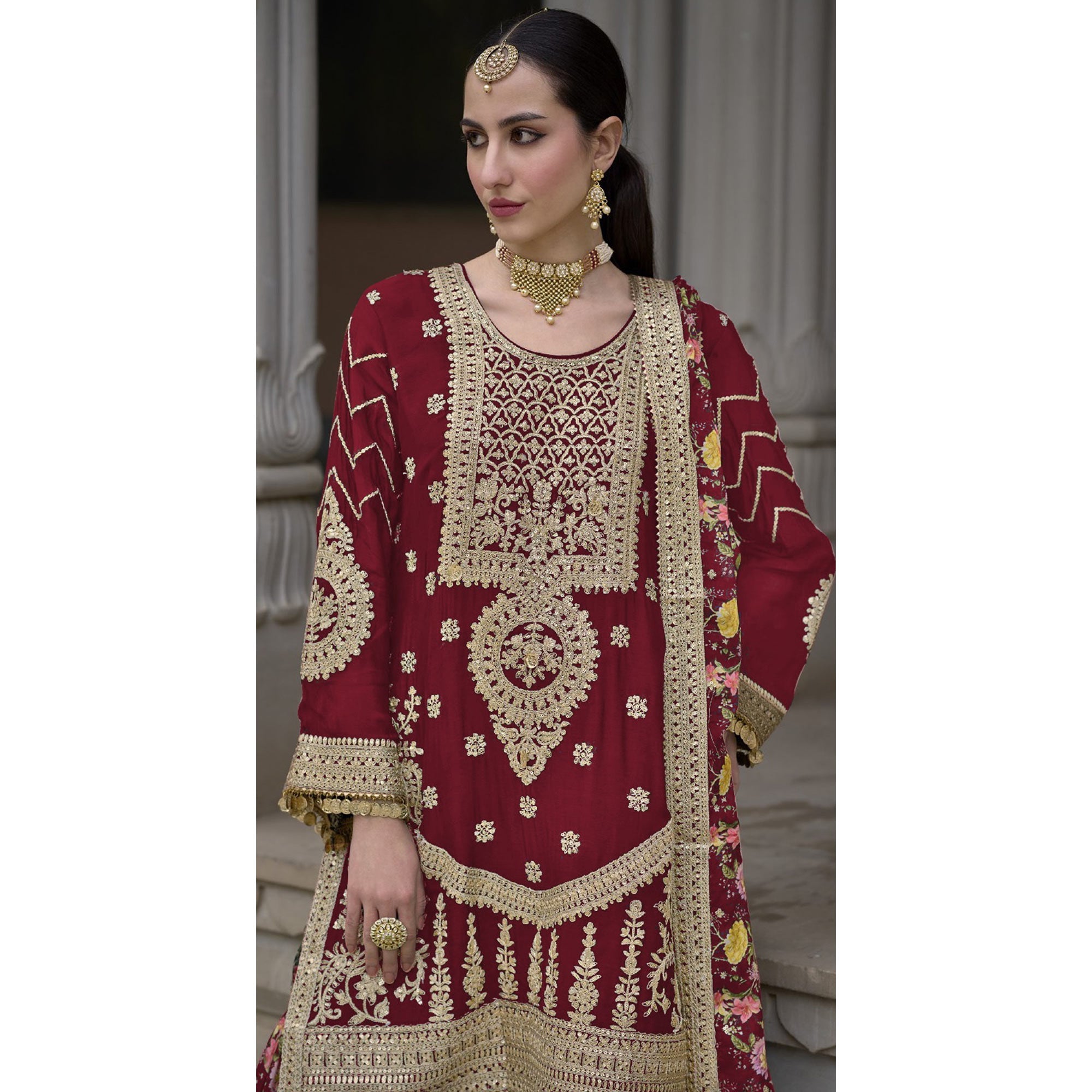 Maroon Floral Sequins Embroidered Chinon Salwar Suit