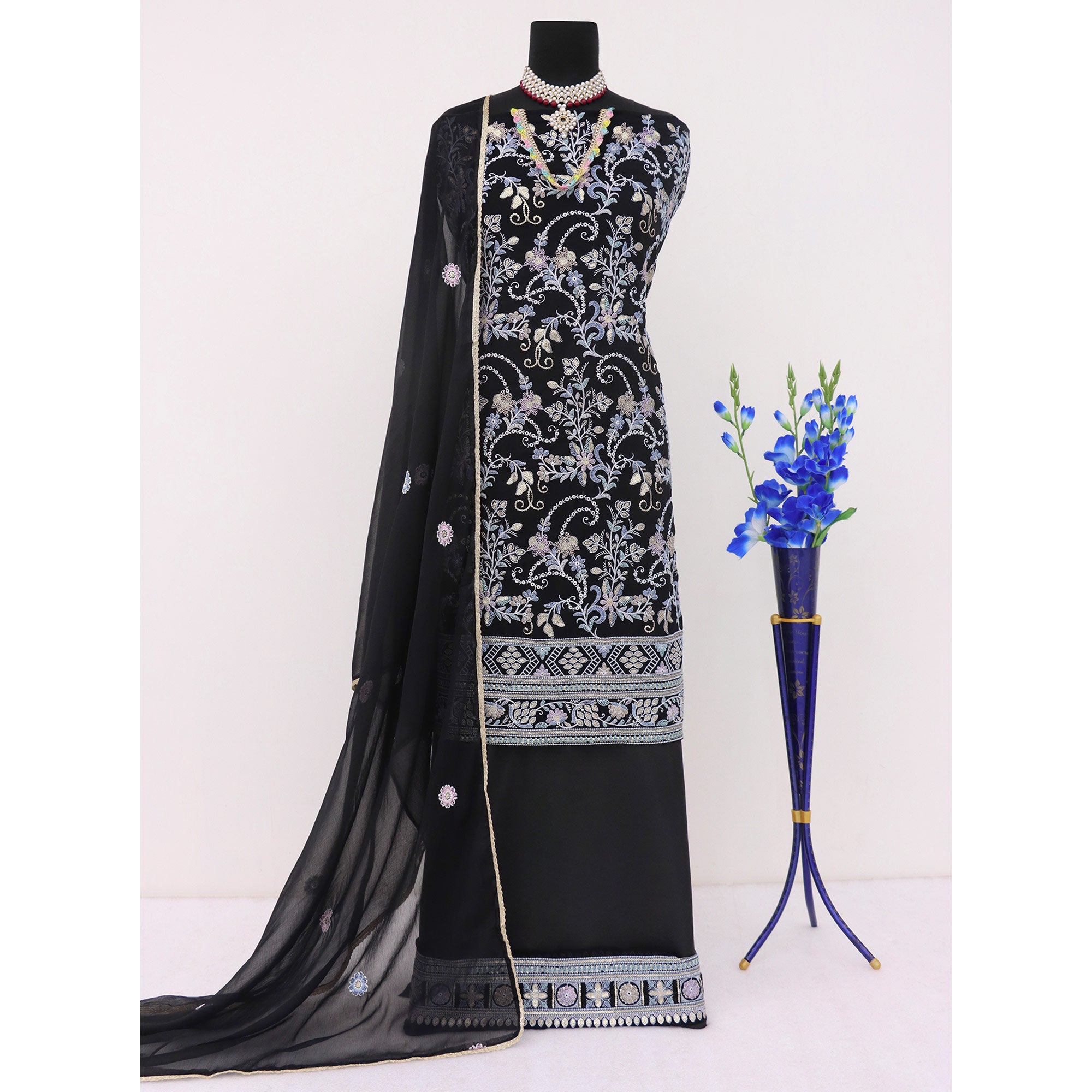 Black Embroidered Georgette Semi Stitched Dress Material