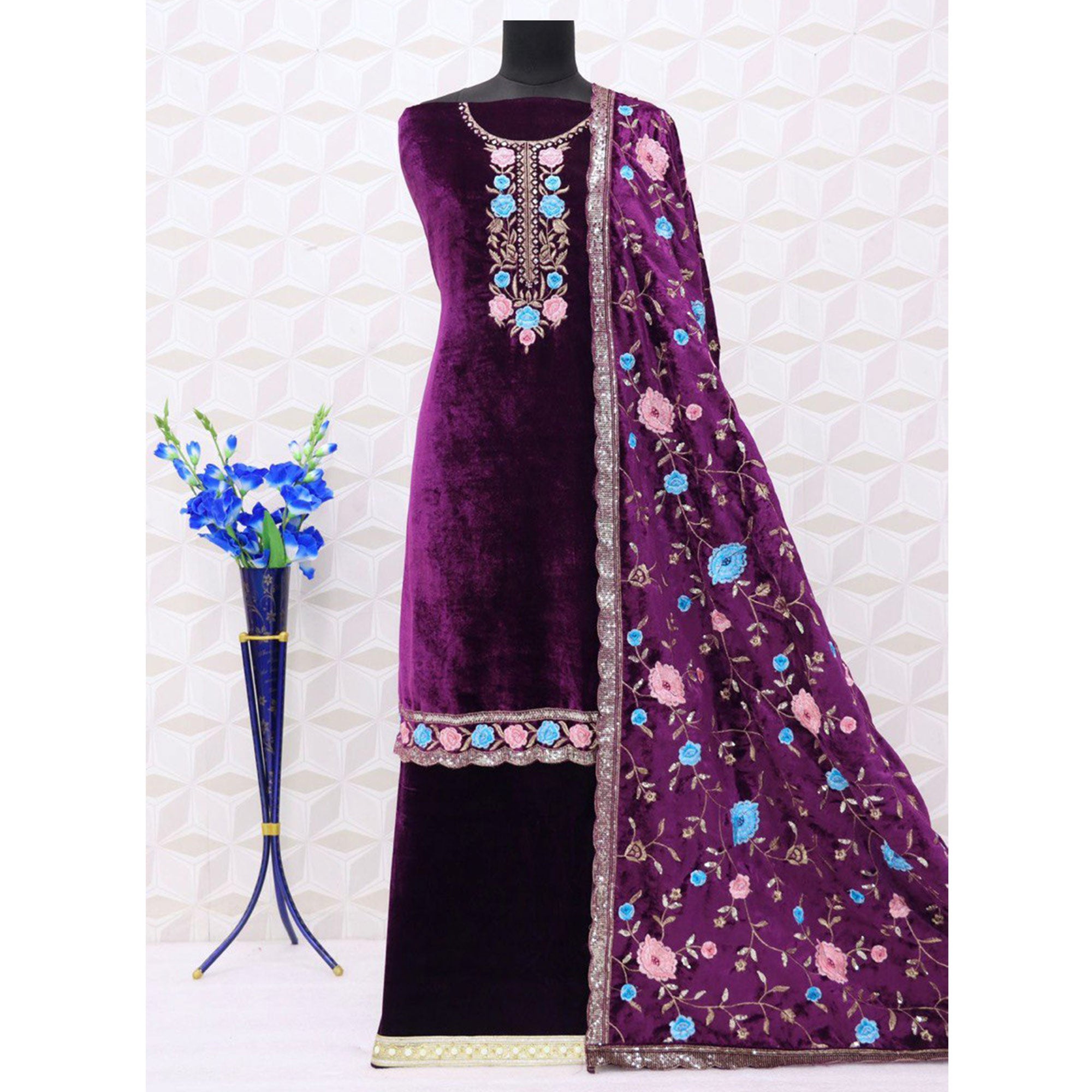 Purple Floral Embroidered Velvet Semi Stitched Suit