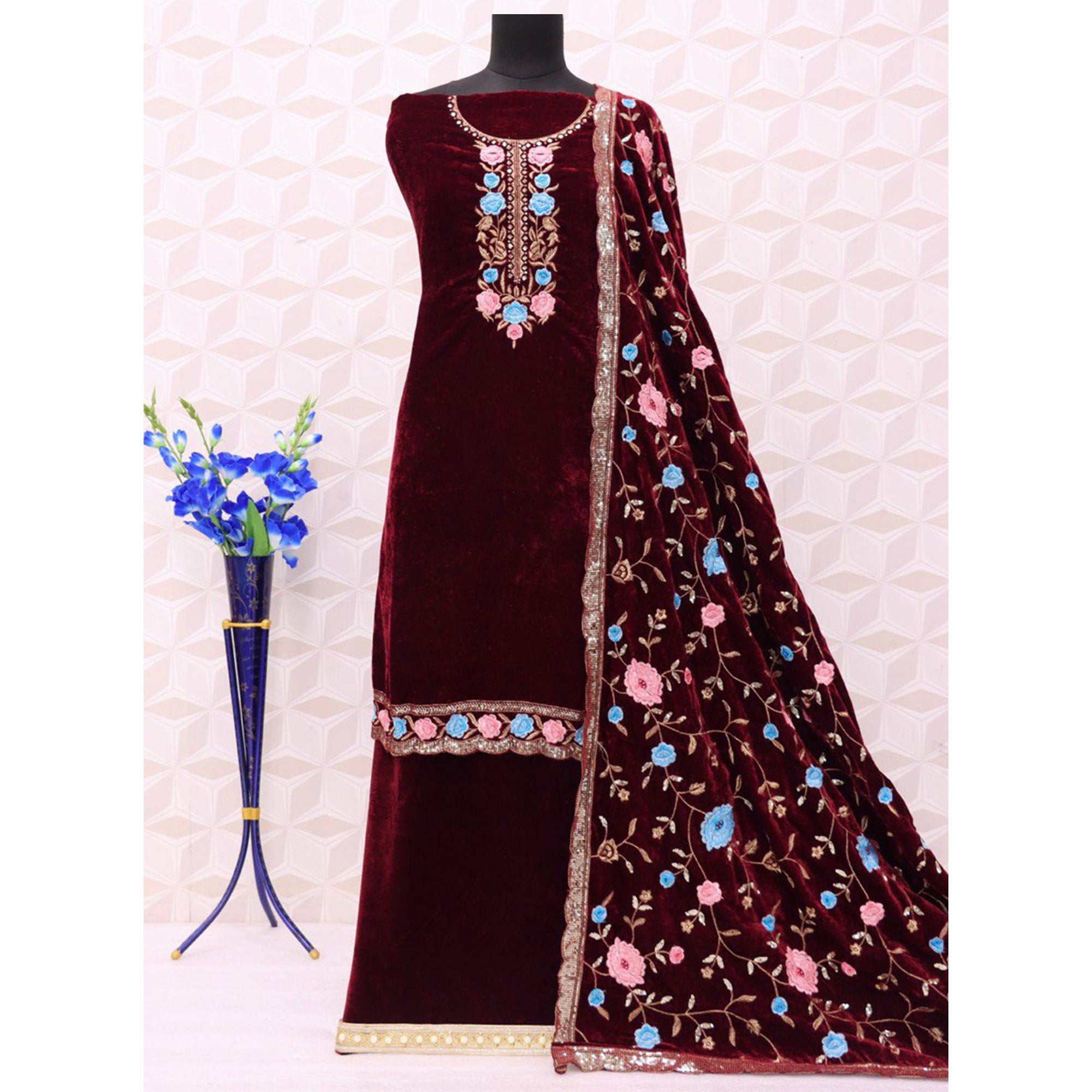 Maroon Floral Embroidered Velvet Semi Stitched Suit