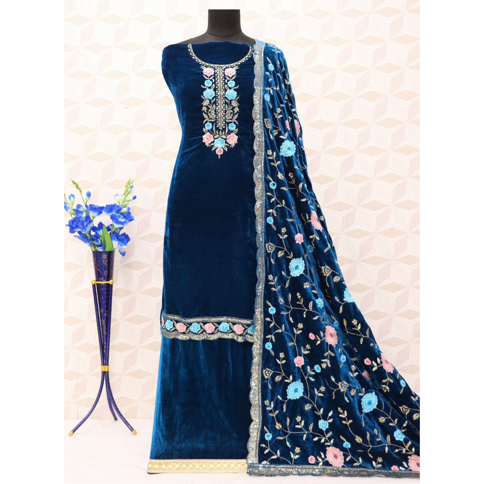 Morpich Floral Embroidered Velvet Semi Stitched Suit