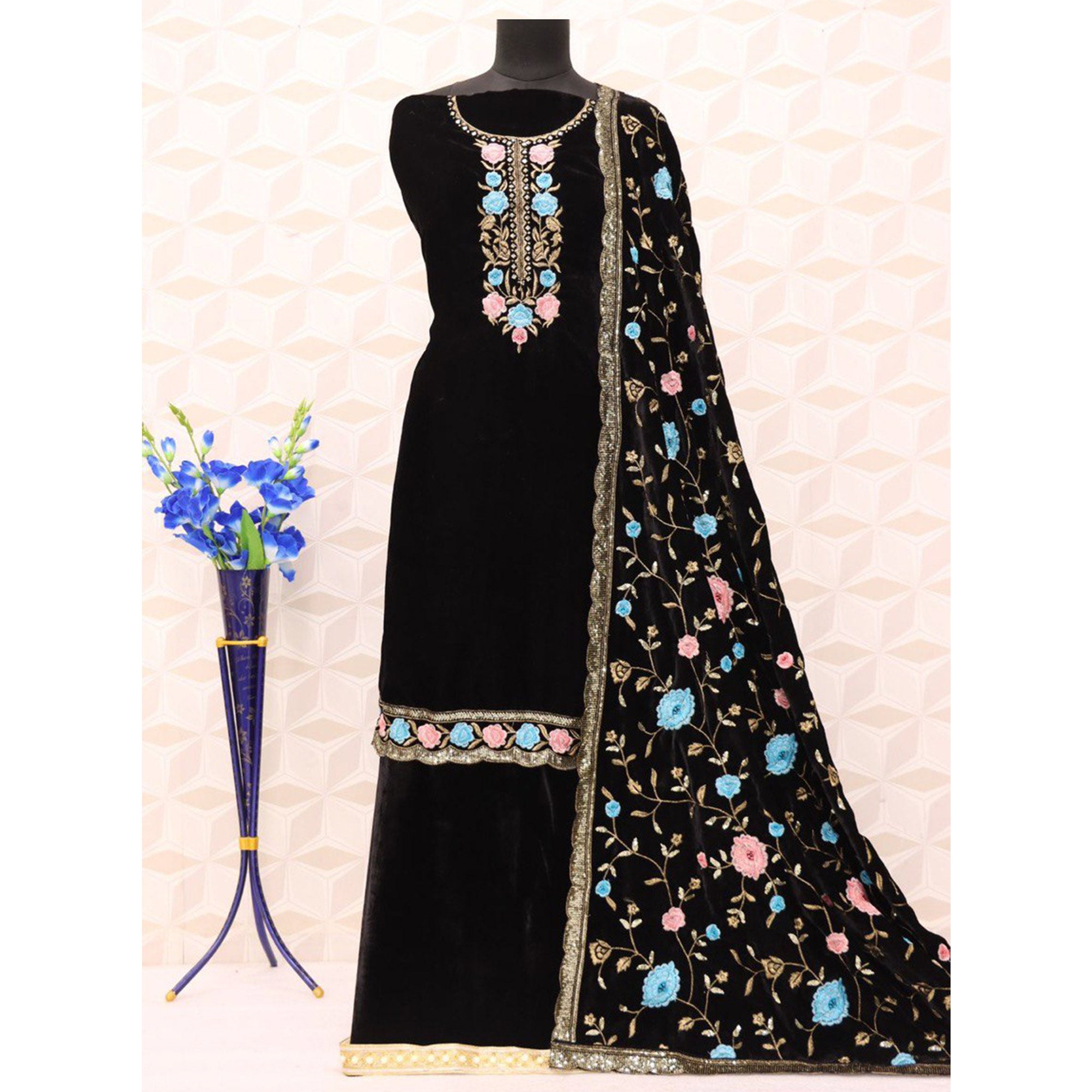Black Floral Embroidered Velvet Semi Stitched Suit