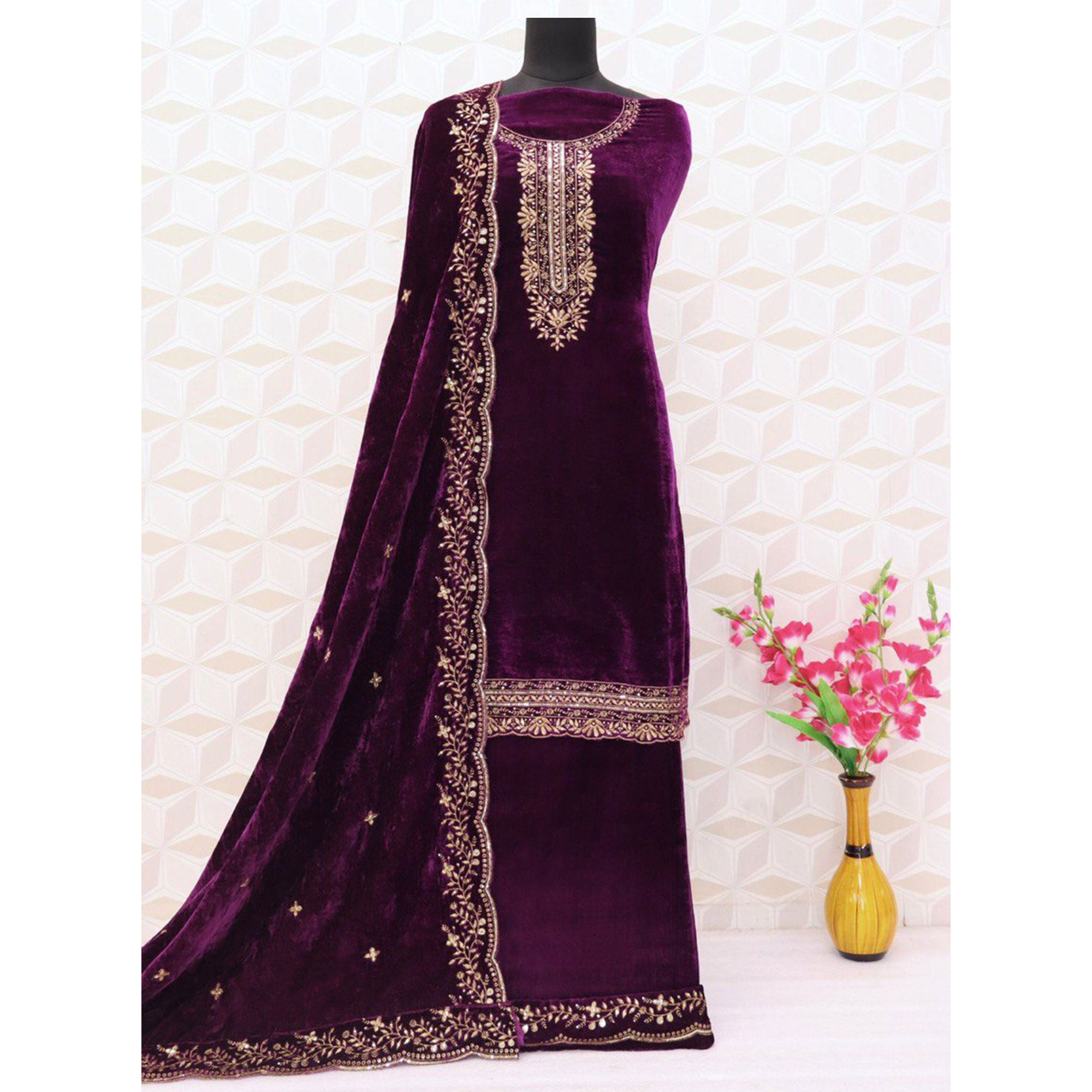 Purple Floral Embroidered Velvet Semi Stitched Suit