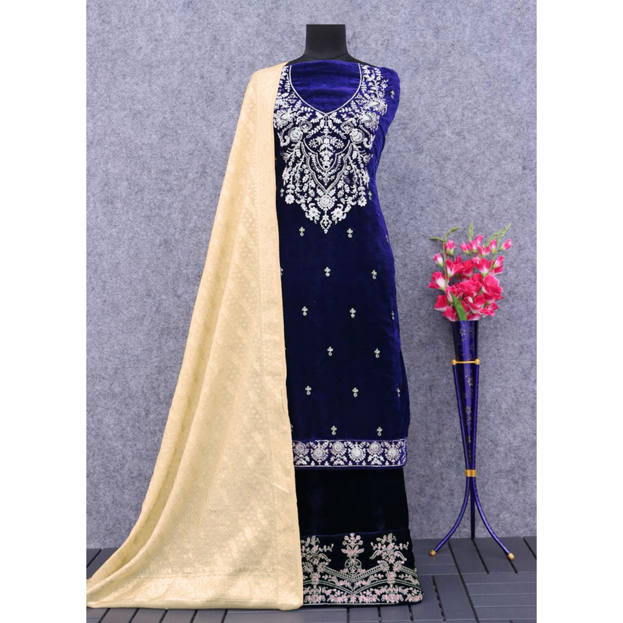 Blue Floral Embroidered Velvet Semi Stitched Suit