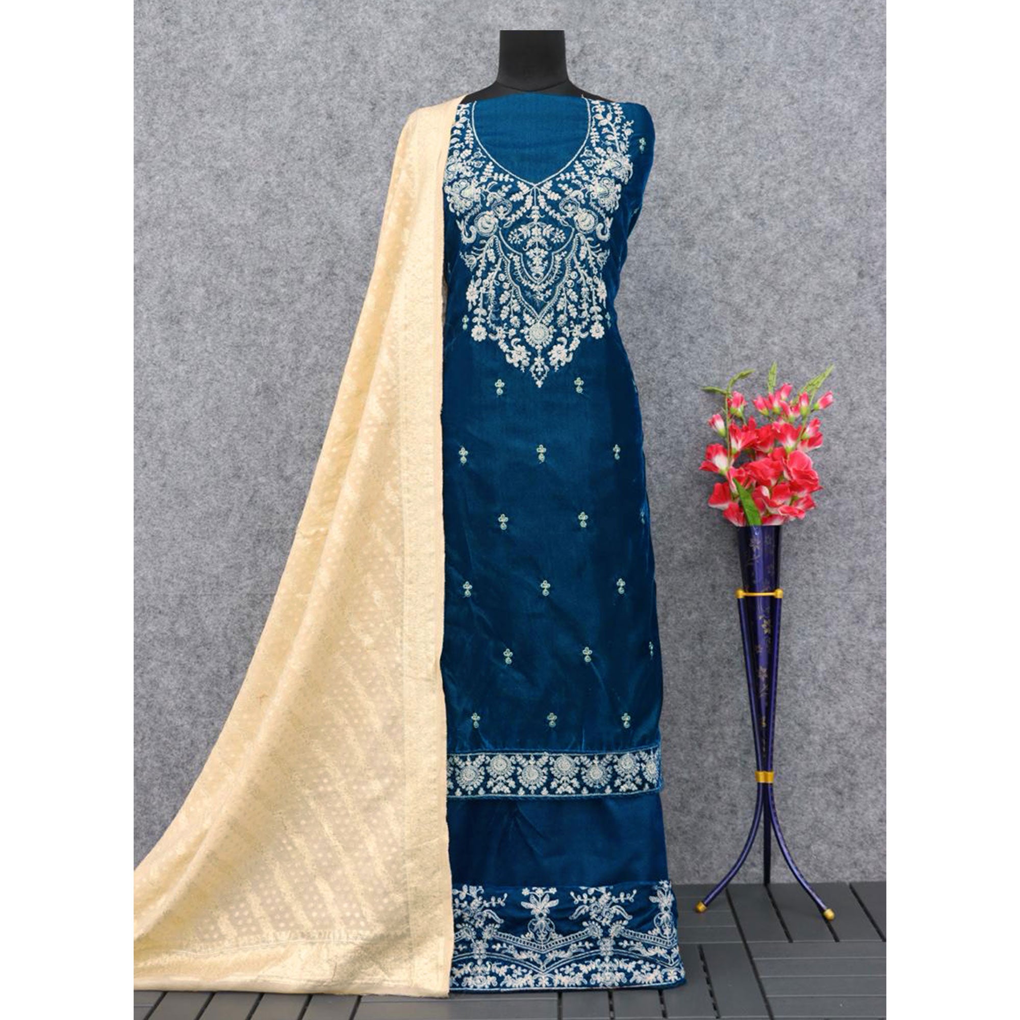 Morpich Floral Embroidered Velvet Semi Stitched Suit