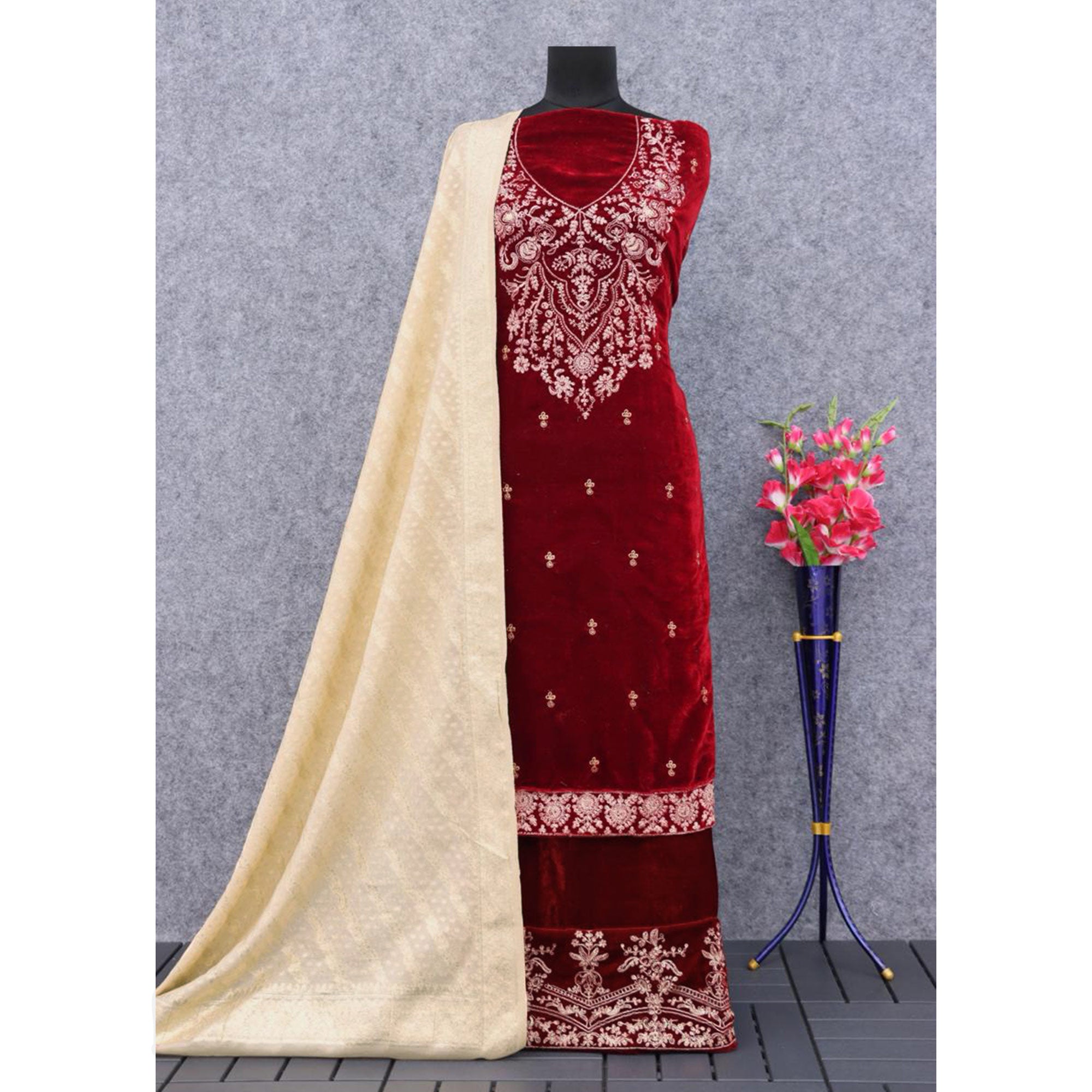 Maroon Floral Embroidered Velvet Semi Stitched Suit