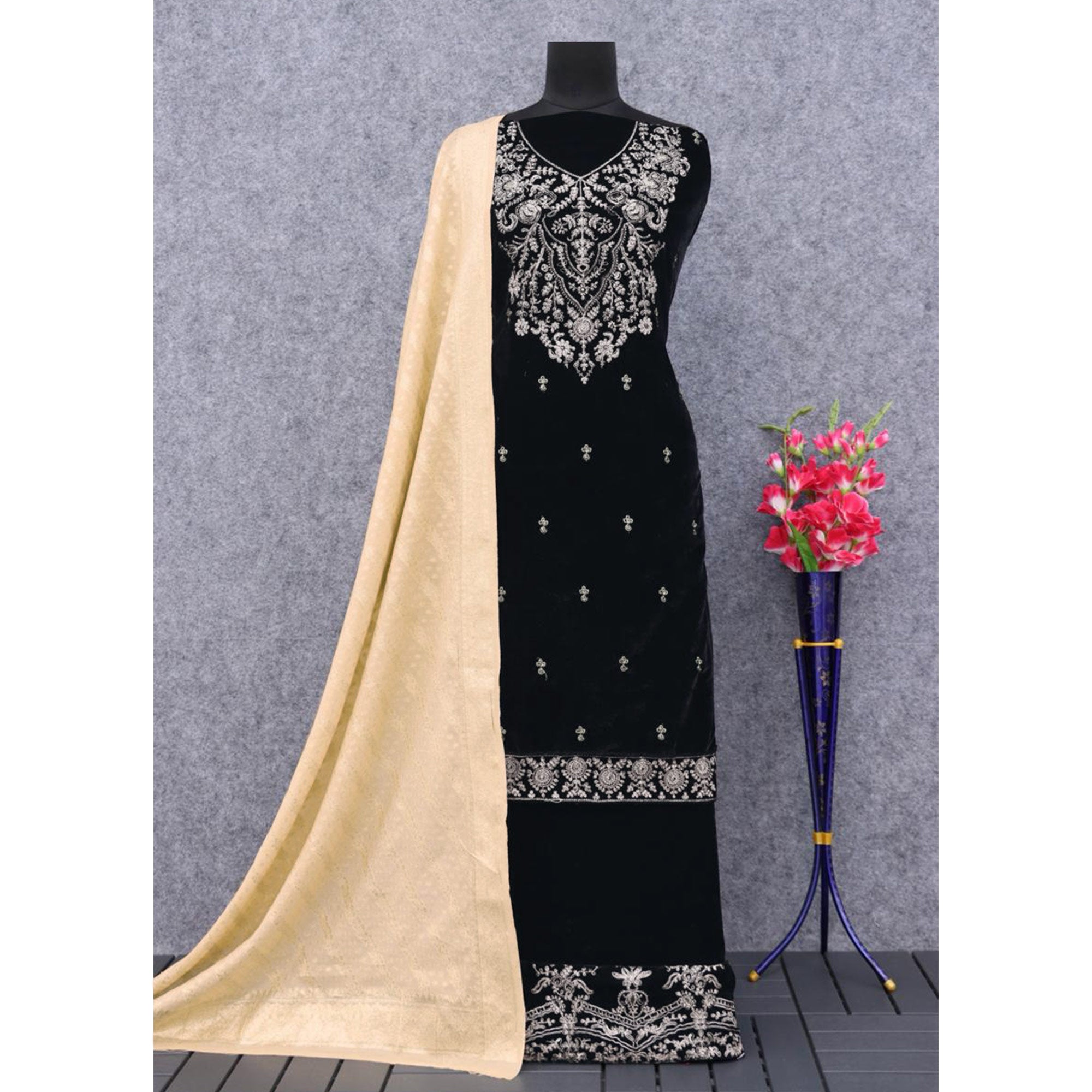 Black Floral Embroidered Velvet Semi Stitched Suit