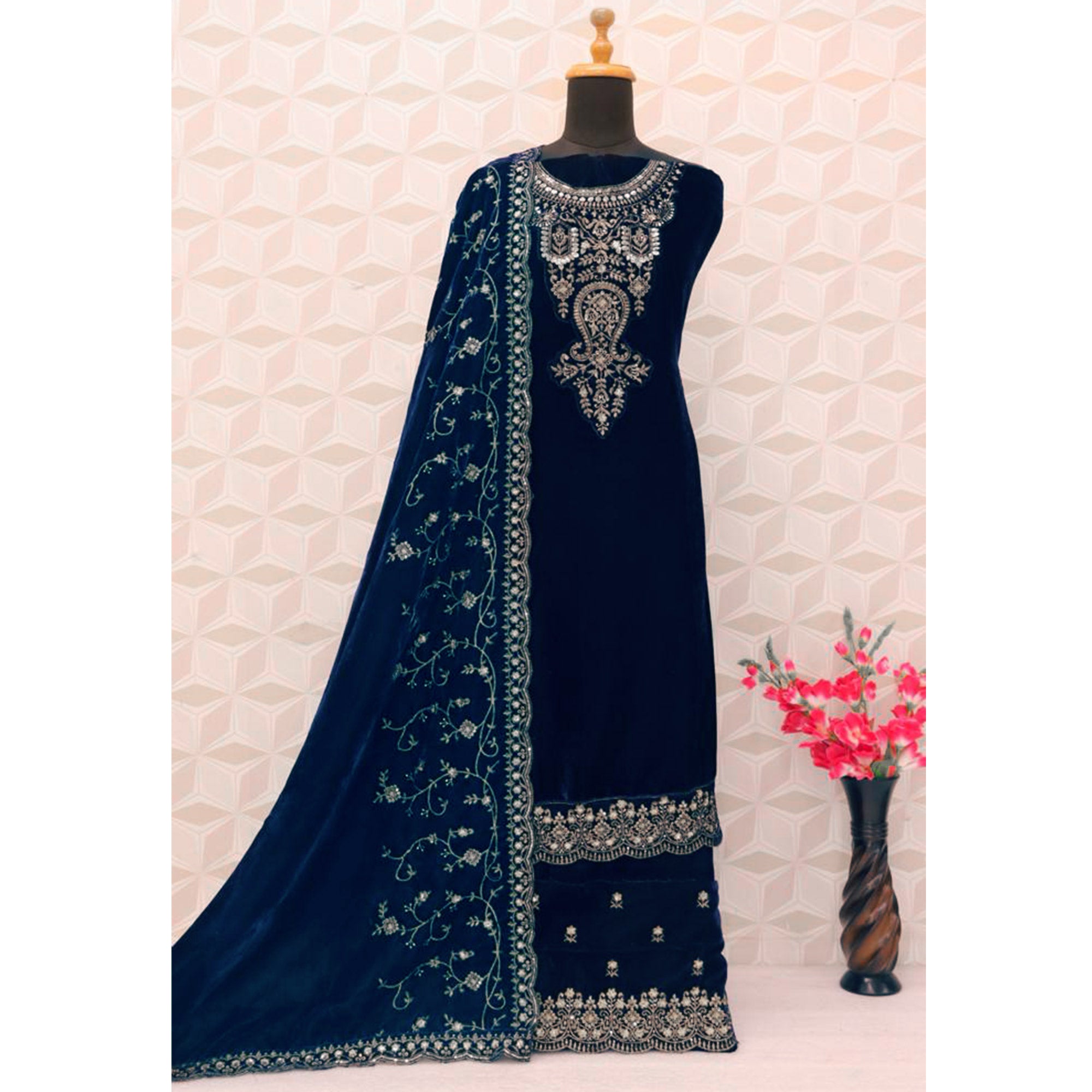 Blue Floral Sequins Embroidered Velvet Semi Stitched Suit