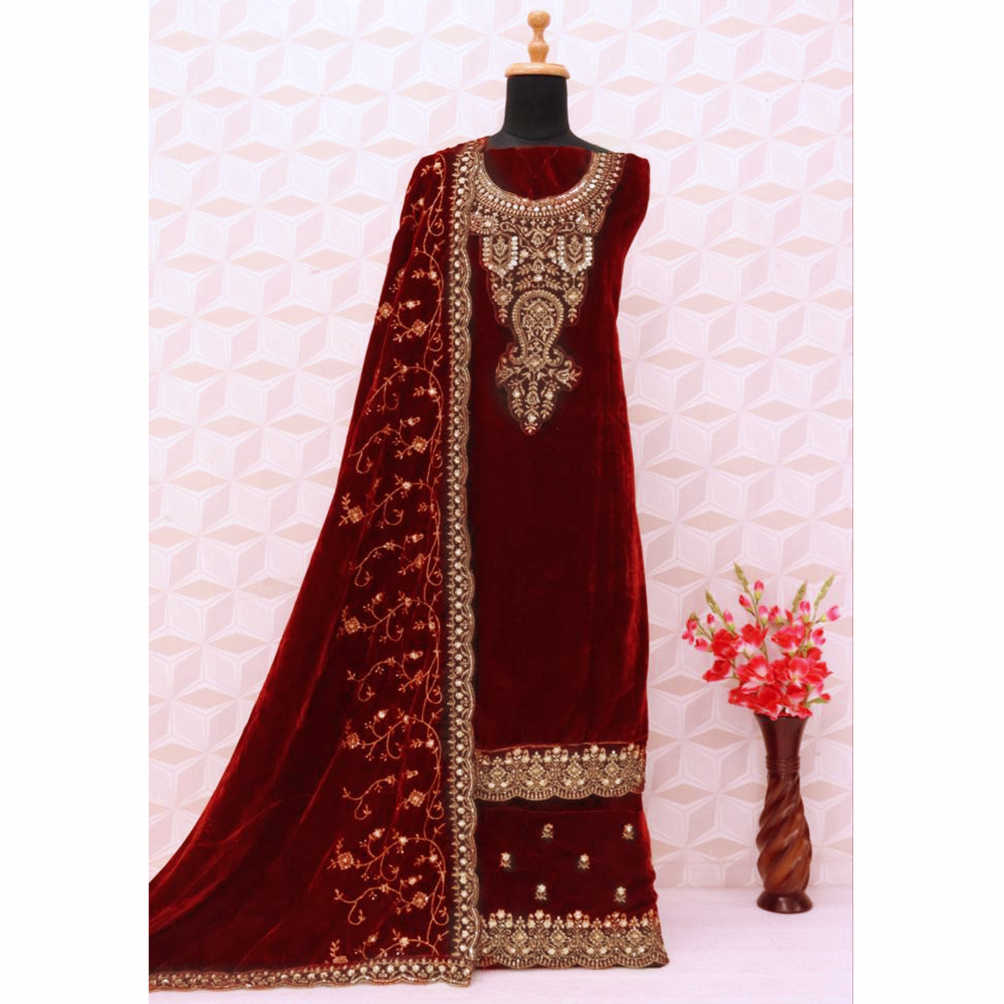Maroon Floral Sequins Embroidered Velvet Semi Stitched Suit