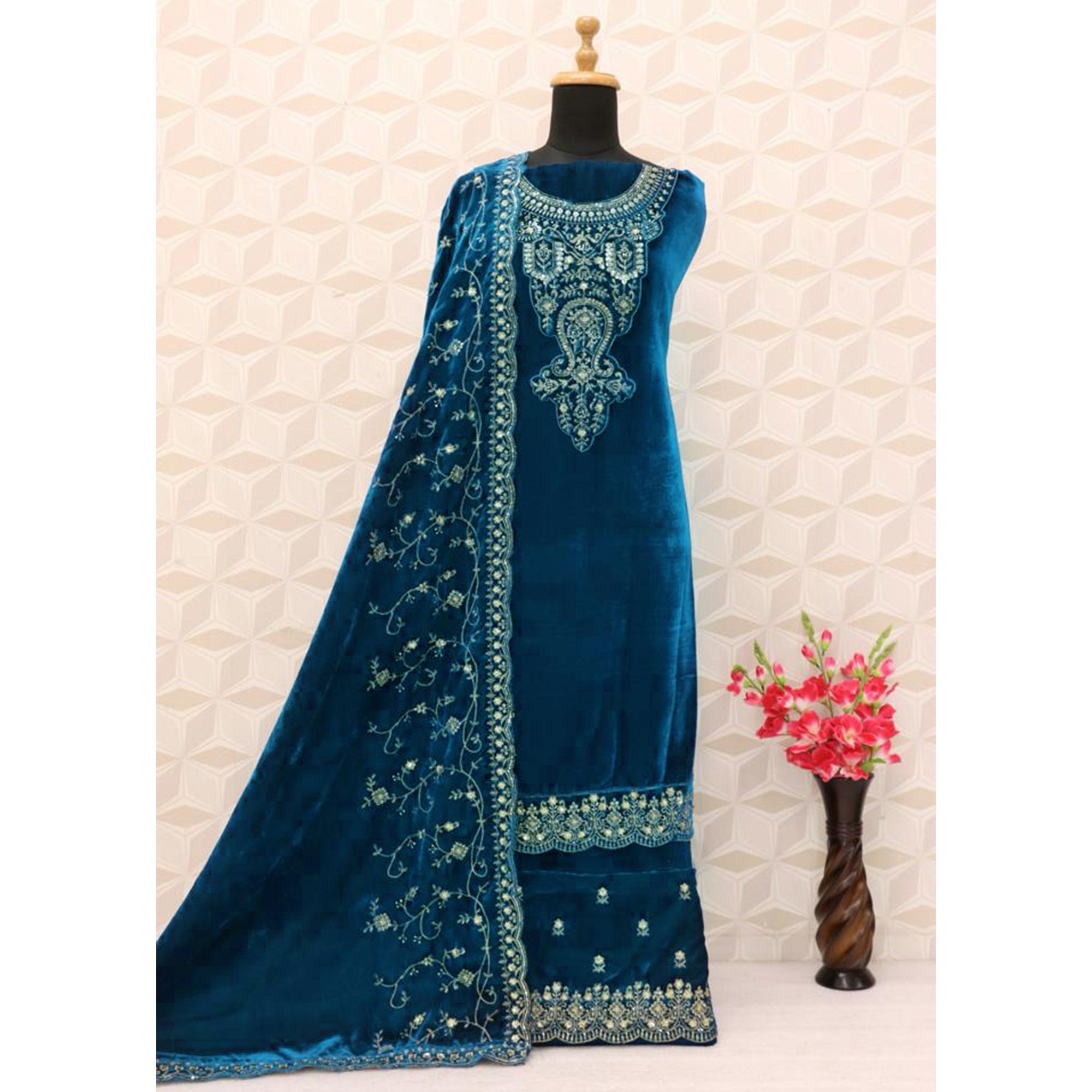 Morpich Floral Sequins Embroidered Velvet Semi Stitched Suit