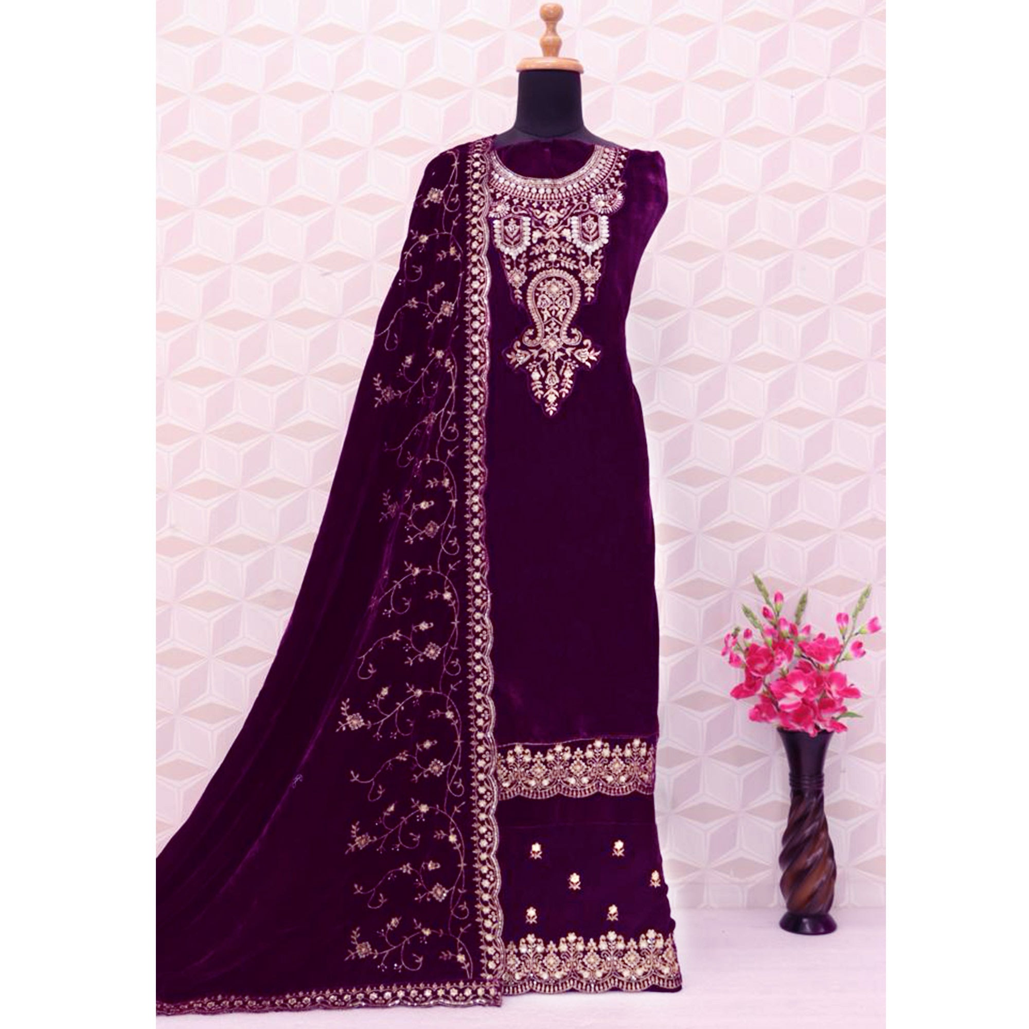 Purple Floral Sequins Embroidered Velvet Semi Stitched Suit