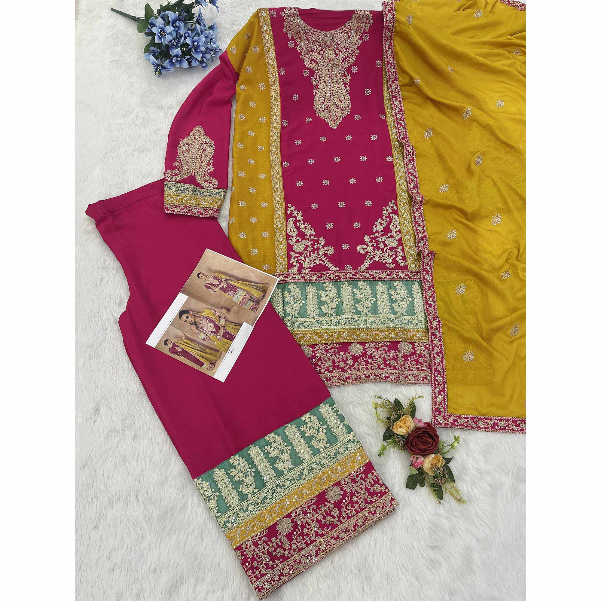 Pink Embroidered Sequins Work Chinon Semi-Stitched Salwar Suit