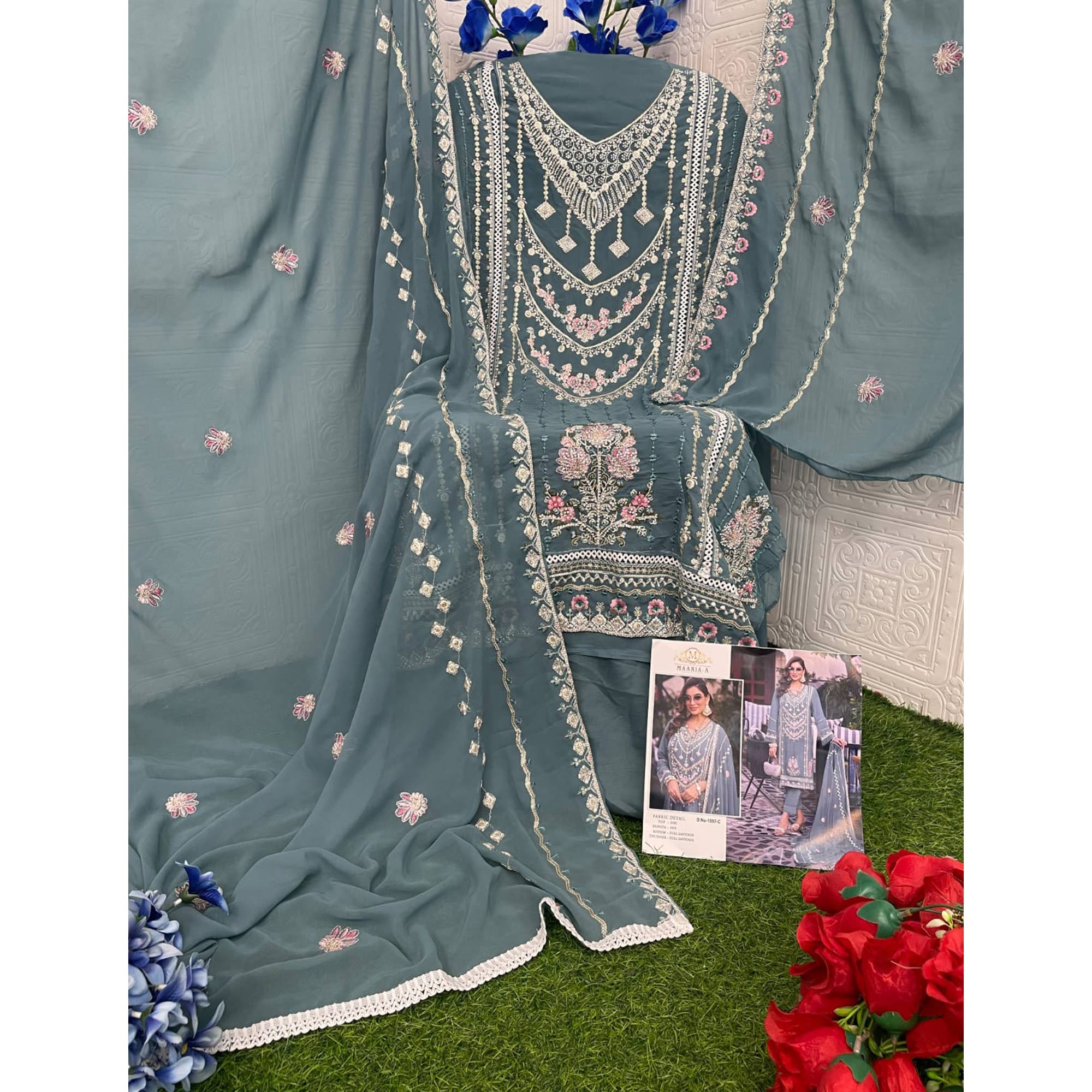 Bluish Grey Embroidered Georgette Semi-Stitched Pakistani Dress Material