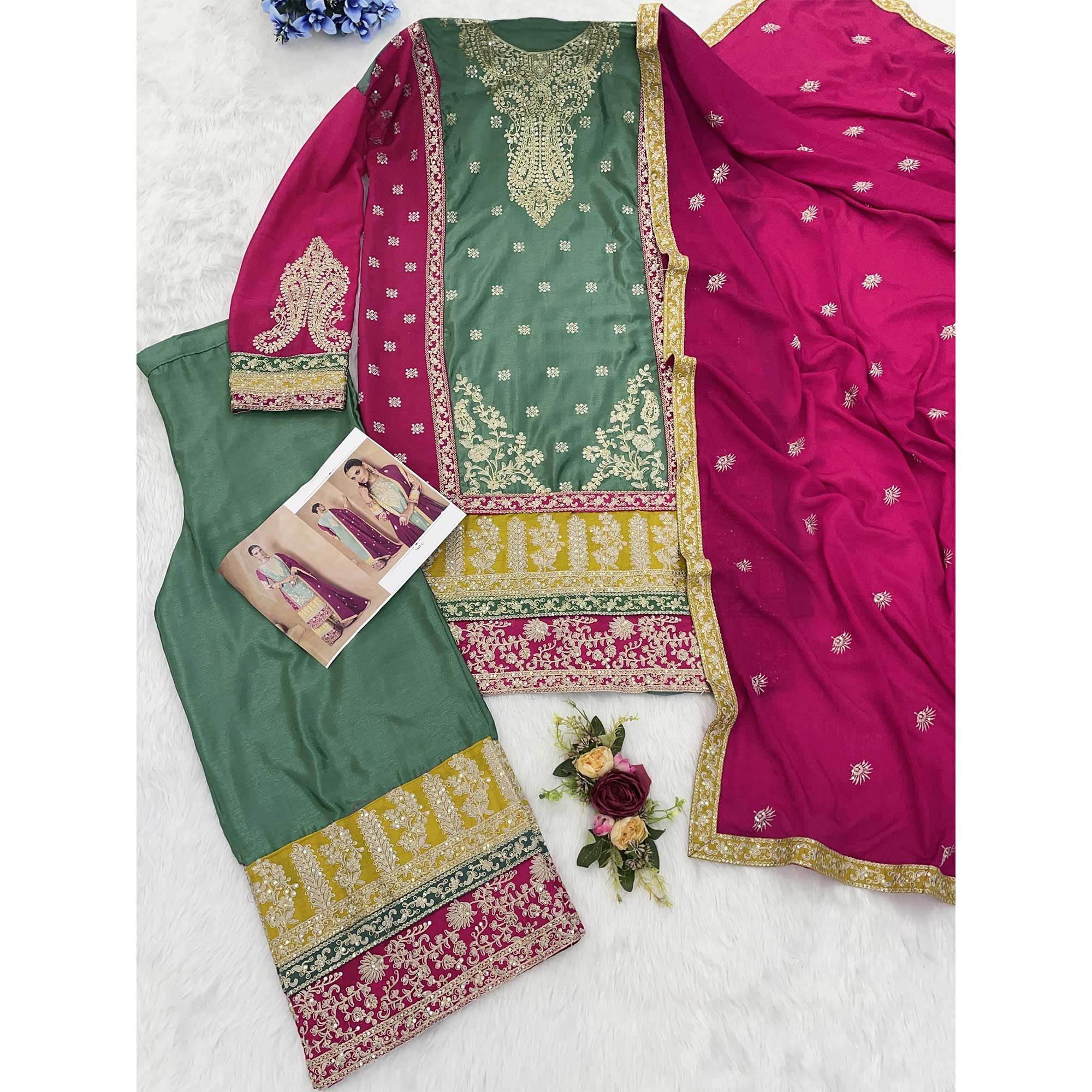 Green Embroidered Sequins Work Chinon Semi-Stitched Salwar Suit