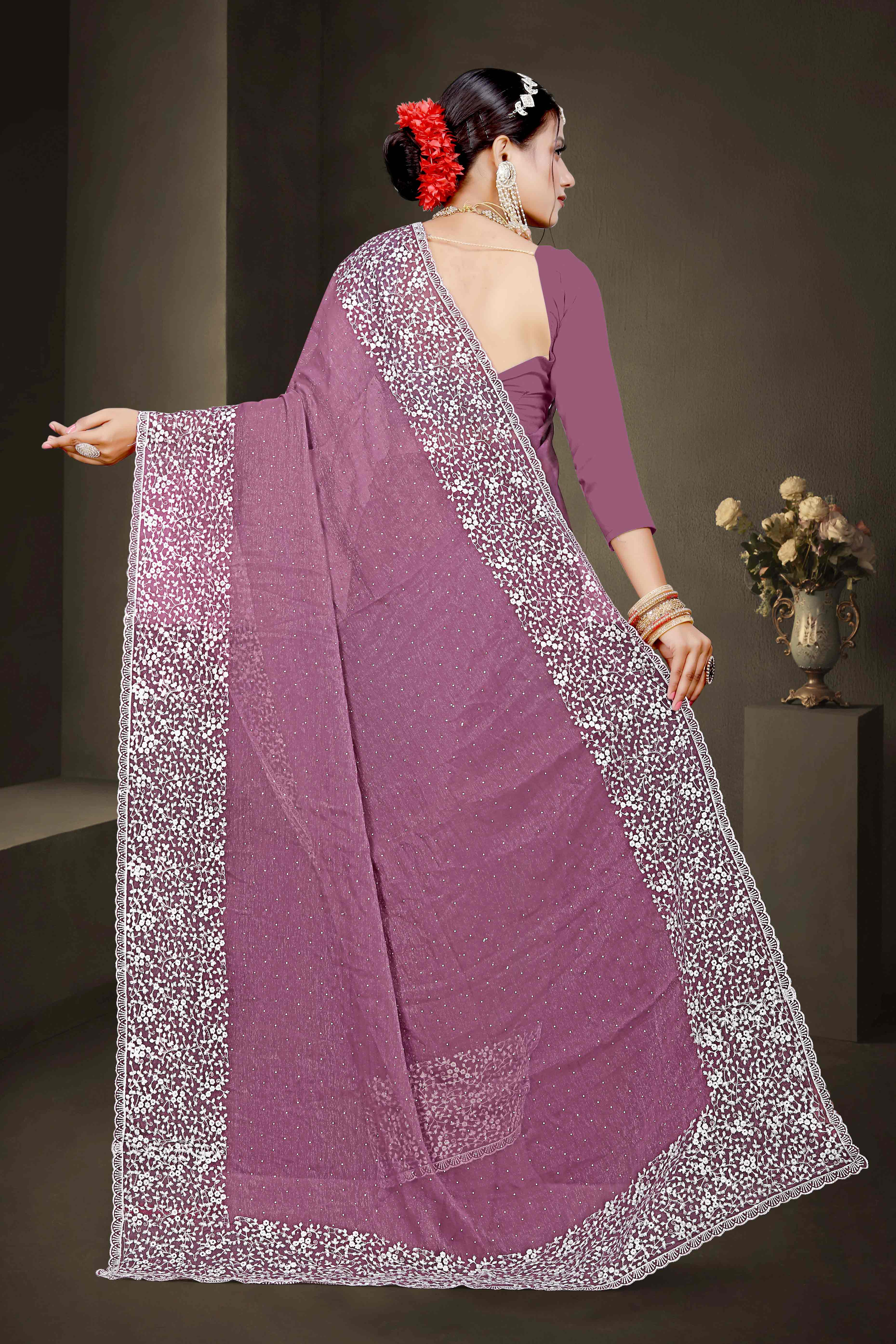 Mauve Floral Embroidery With Stonework Chiffon Shimmer Saree