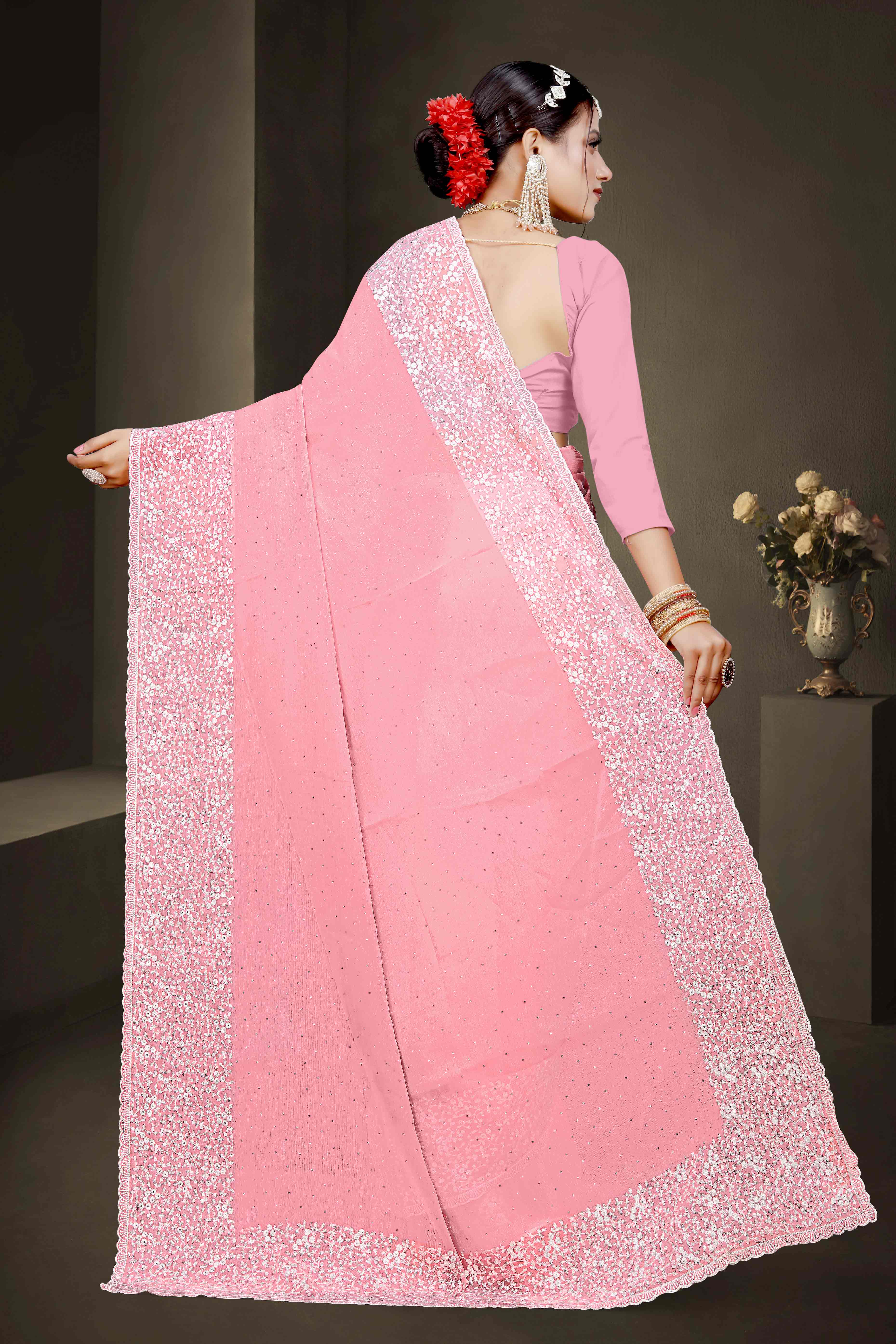Pink Floral Embroidery With Stonework Chiffon Shimmer Saree
