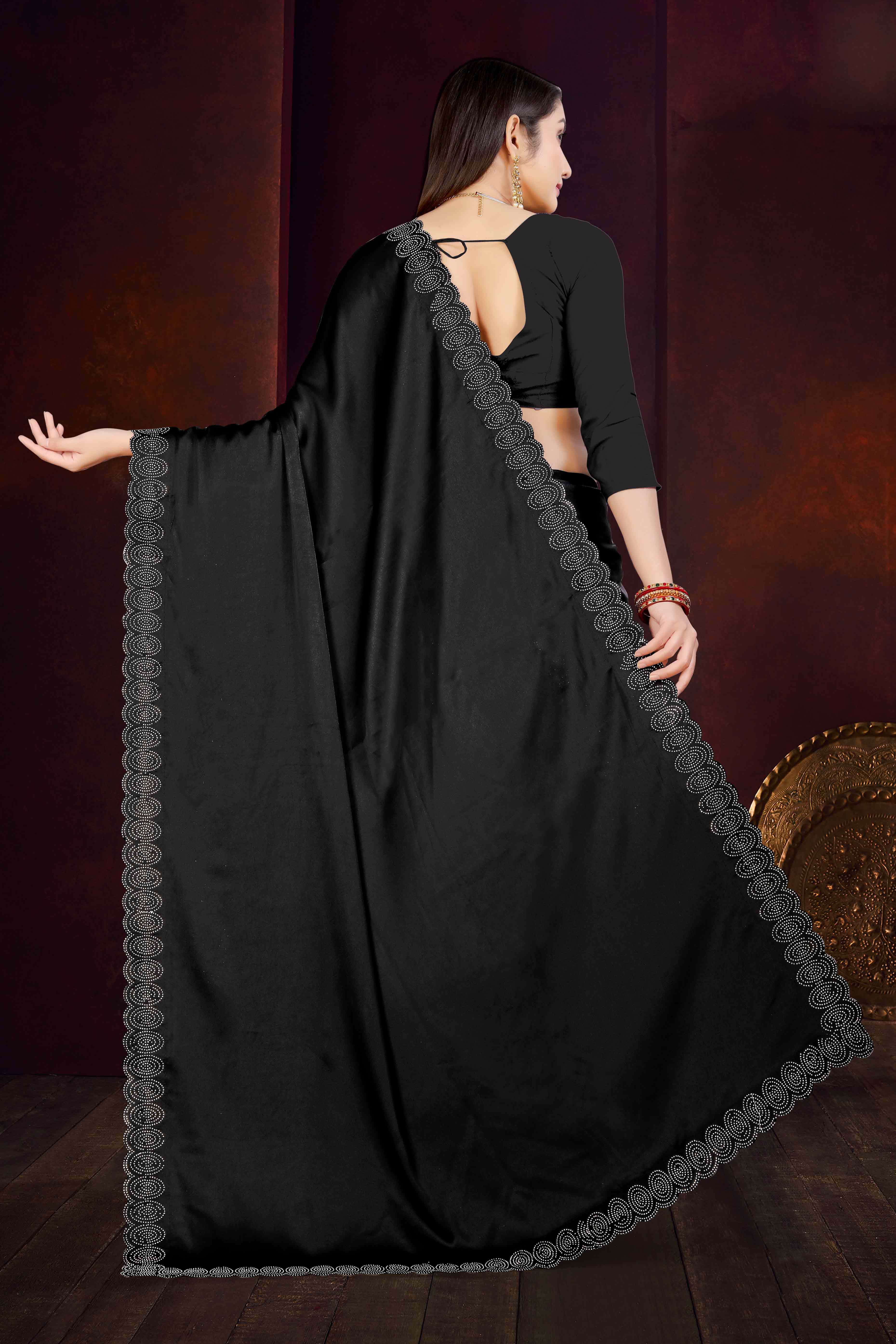 Black Solid With Swarovski Work Satin Saree
