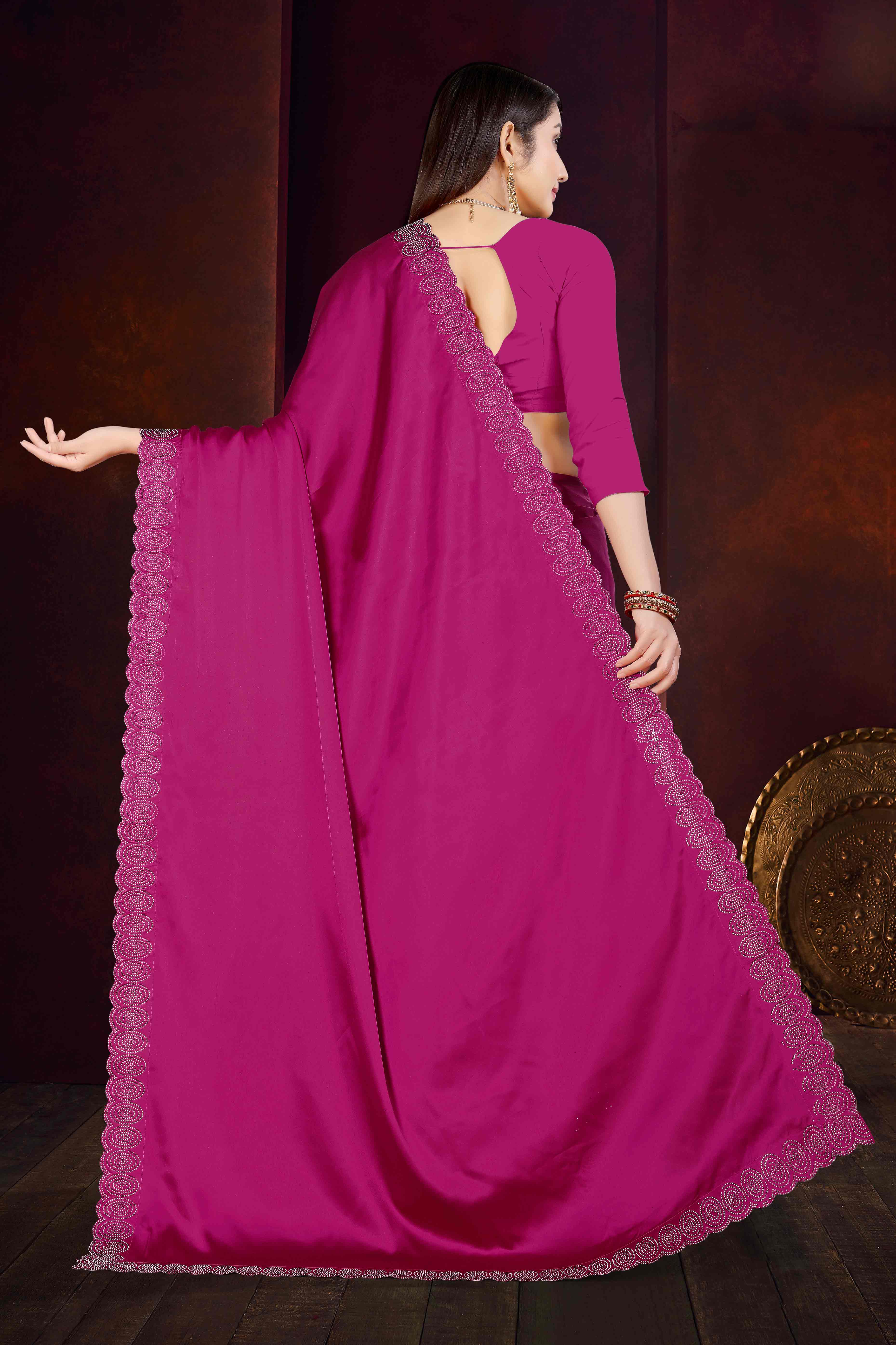 Magenta Solid With Swarovski Work Satin Saree