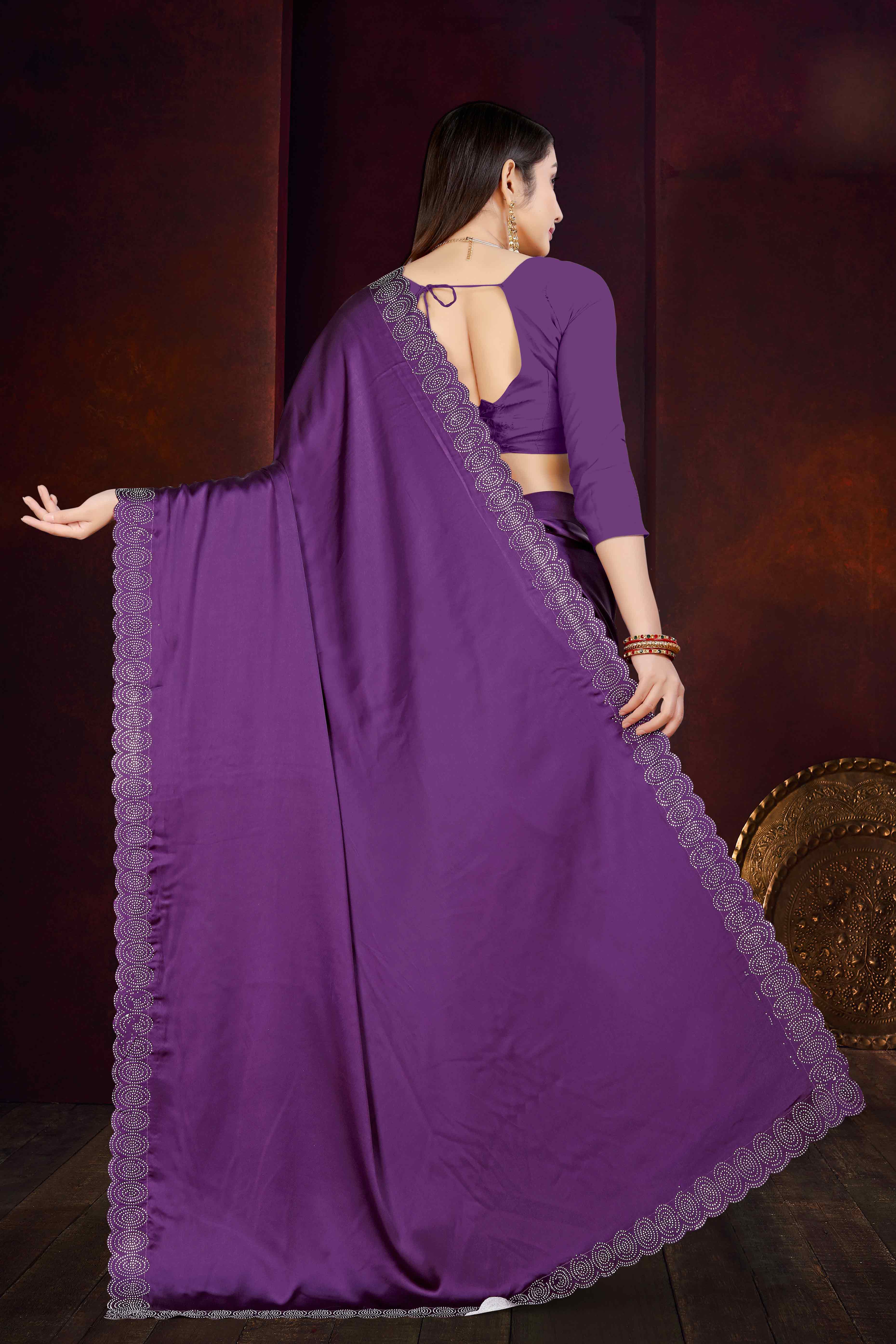 Purple Solid With Swarovski Work Satin Saree