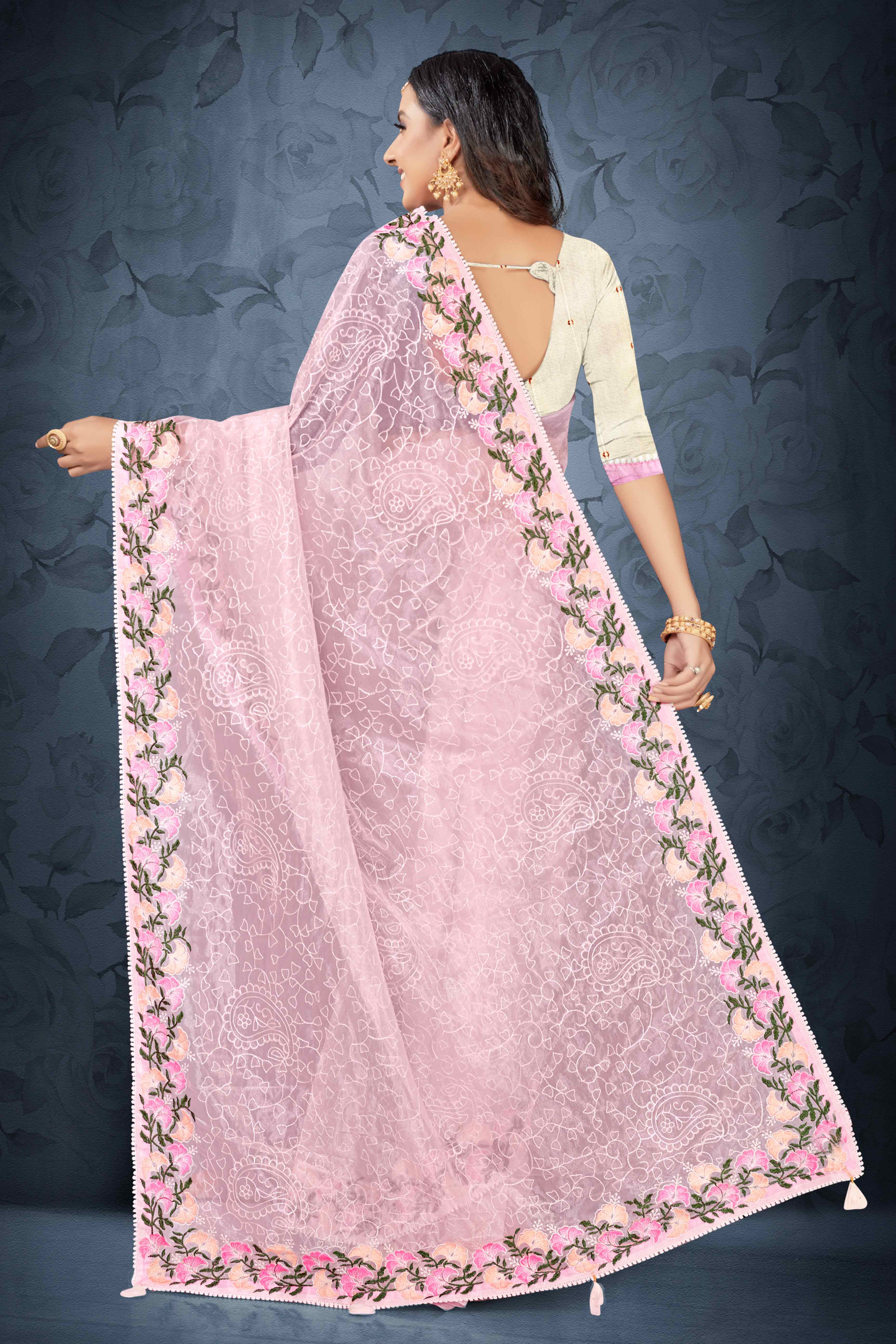 Pink Floral Embroidered Net Saree With Tassels