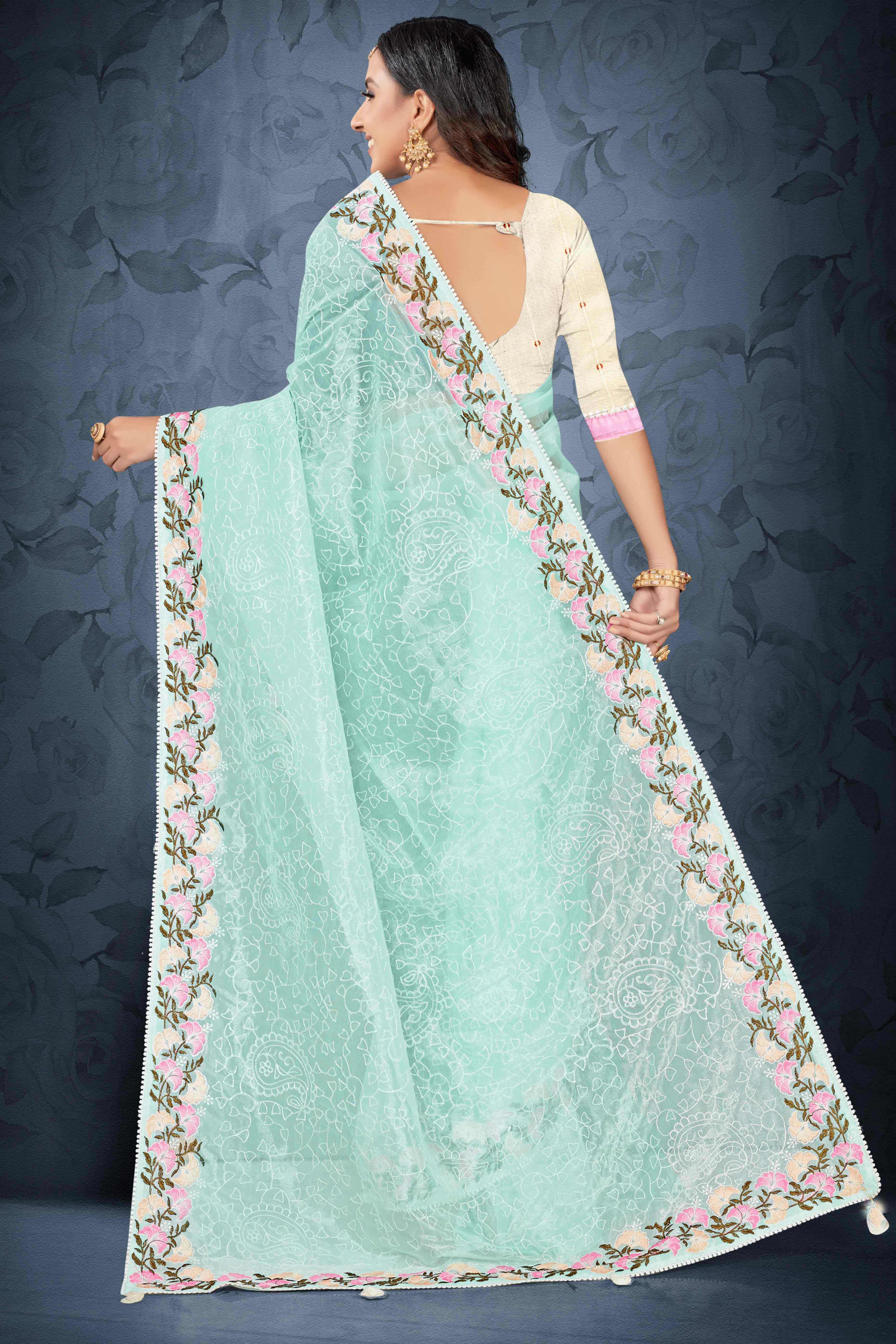 Blue Floral Embroidered Net Saree With Tassels