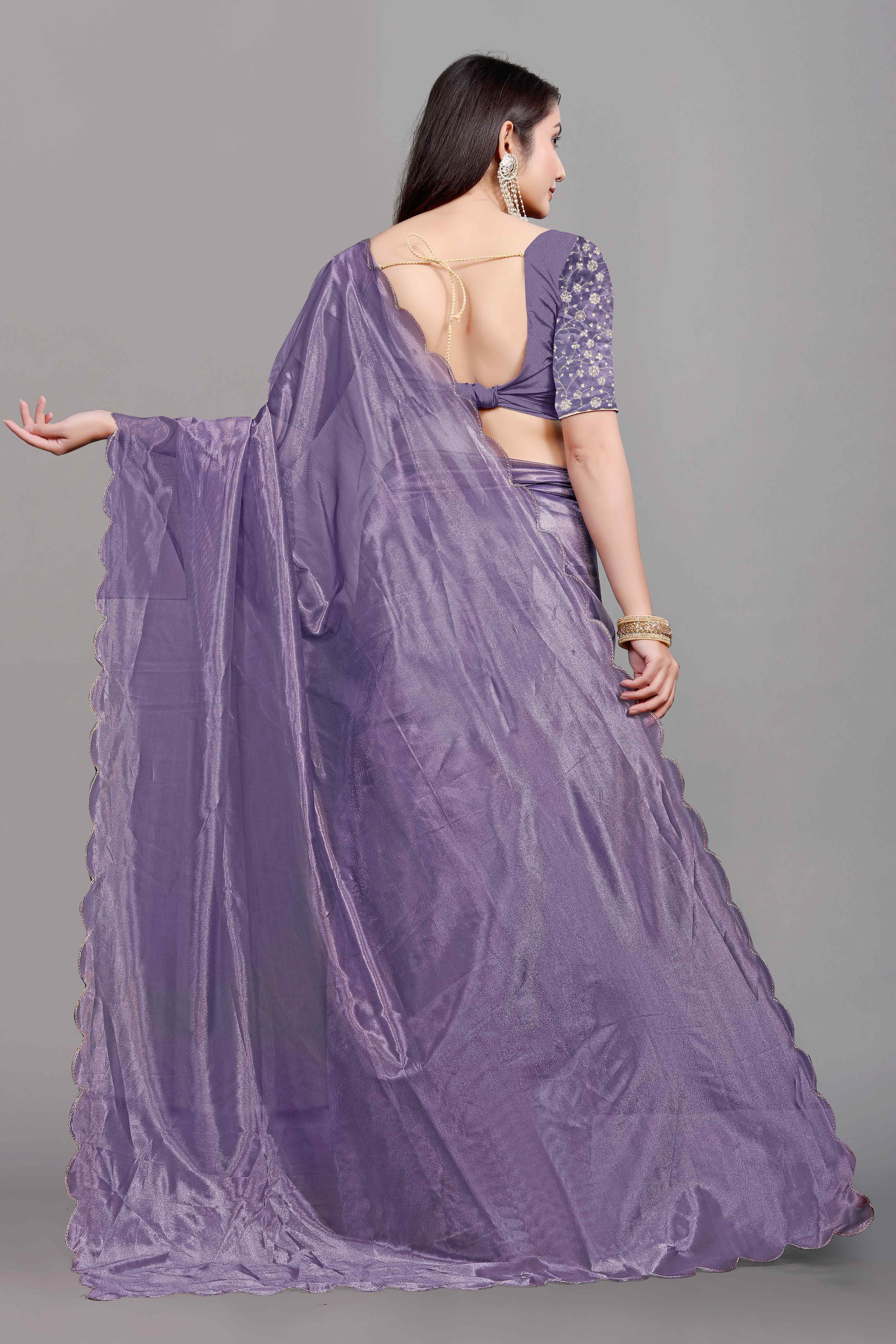 Lavender Solid Net Saree With Zari Border
