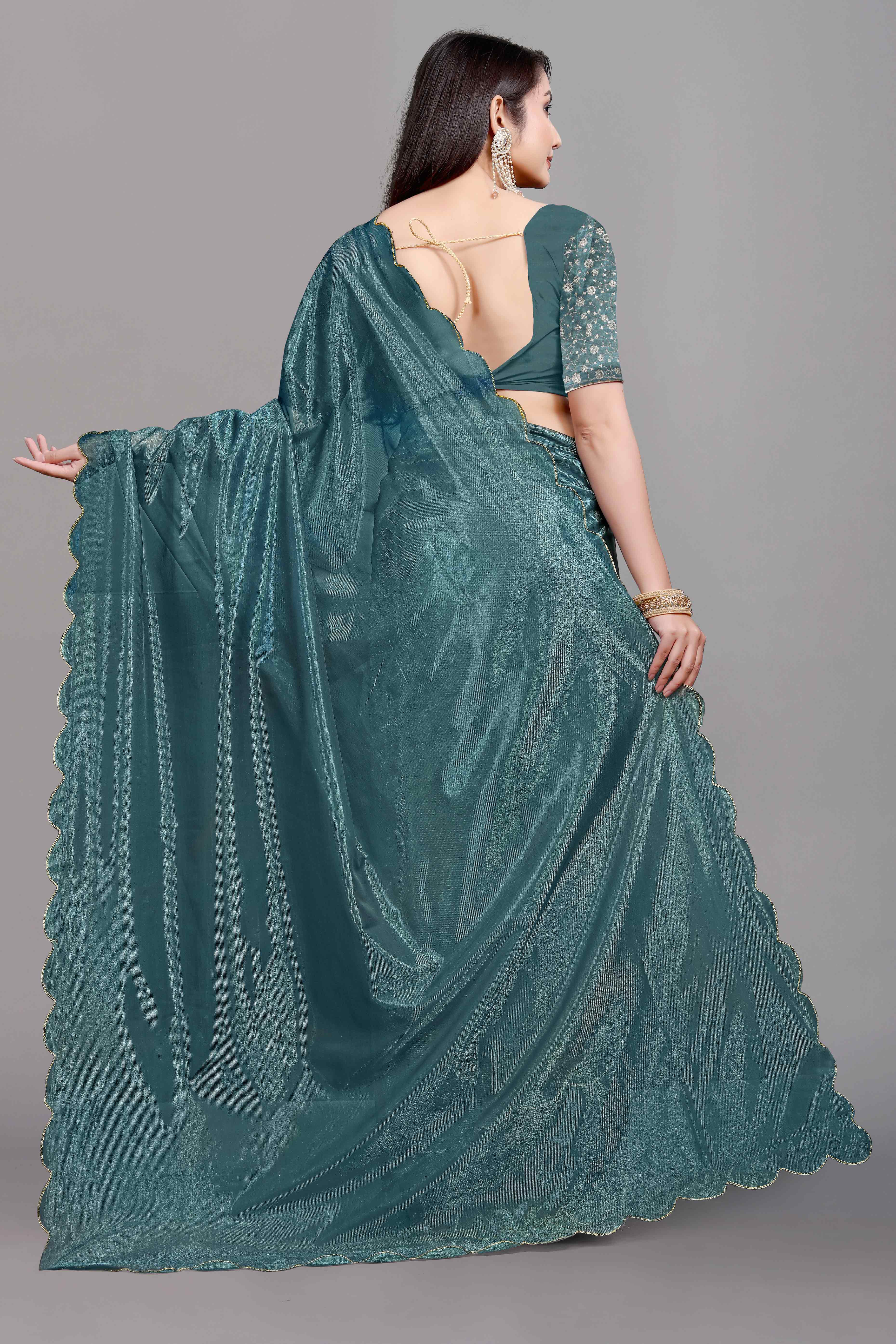 Teal Solid Net Saree With Zari Border